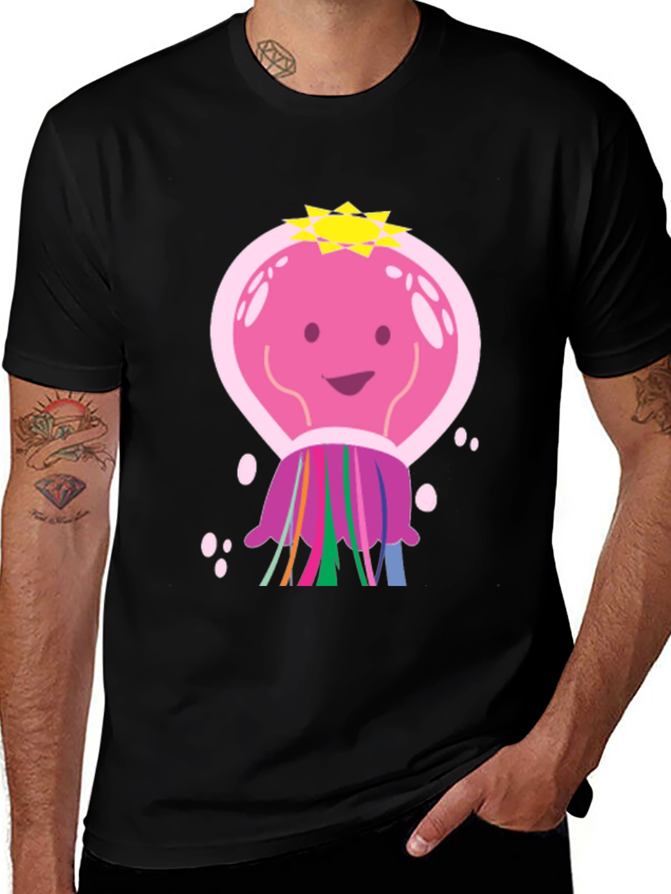 Cartoon Jellyfish Graphic Tee - Black Cotton T-Shirt