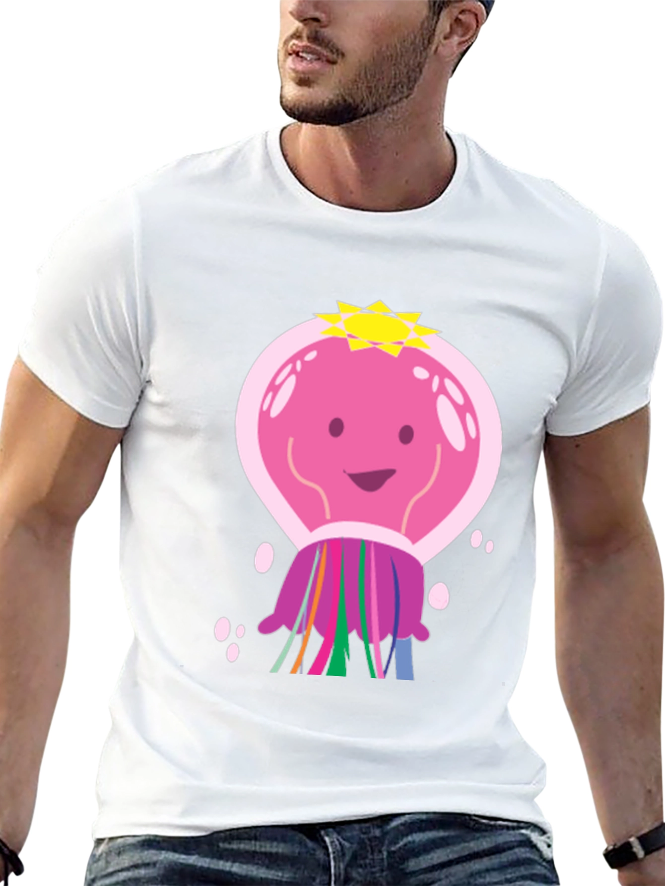 Cartoon Jellyfish Graphic Tee - Black Cotton T-Shirt