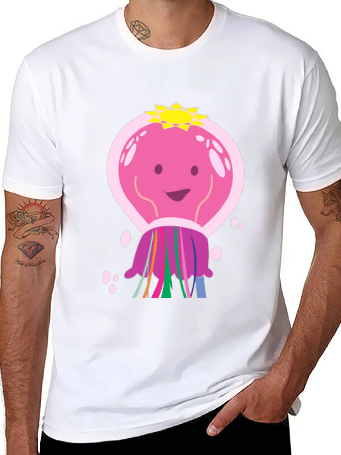 Cartoon Jellyfish Graphic Tee - Black Cotton T-Shirt
