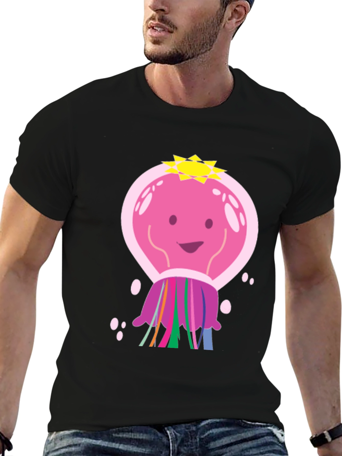 Cartoon Jellyfish Graphic Tee - Black Cotton T-Shirt
