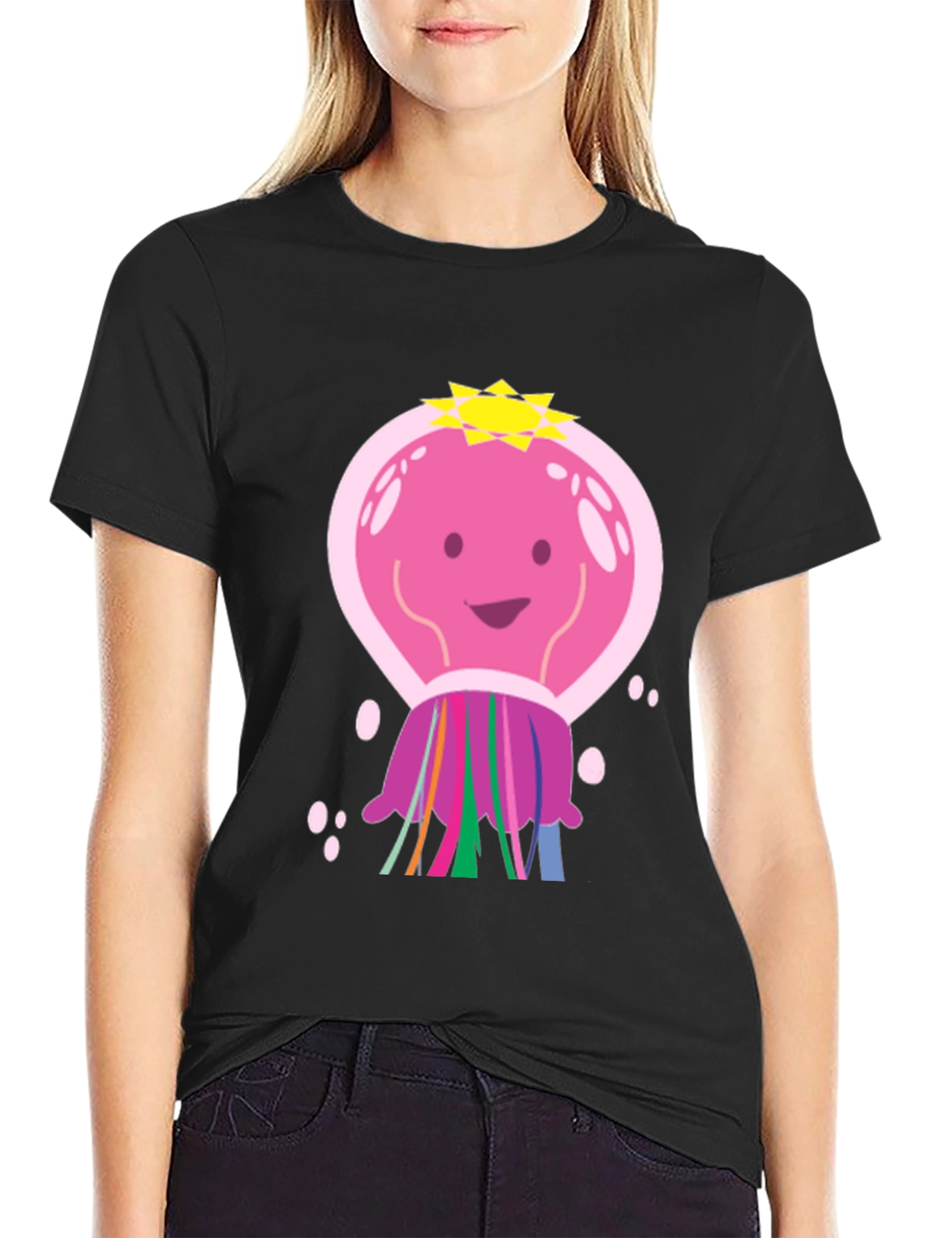Cartoon Jellyfish Graphic Tee - Black Cotton T-Shirt