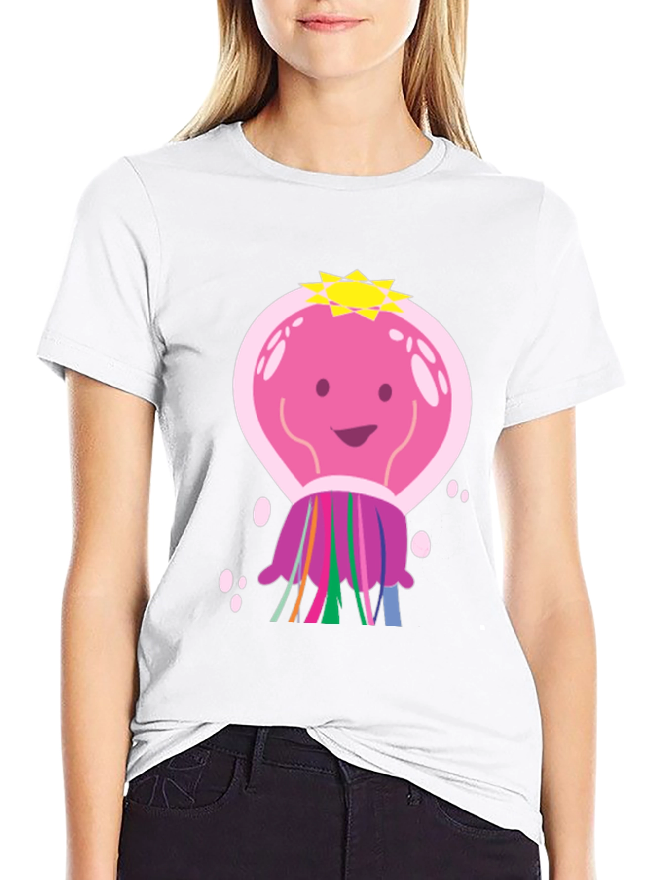 Cartoon Jellyfish Graphic Tee - Black Cotton T-Shirt