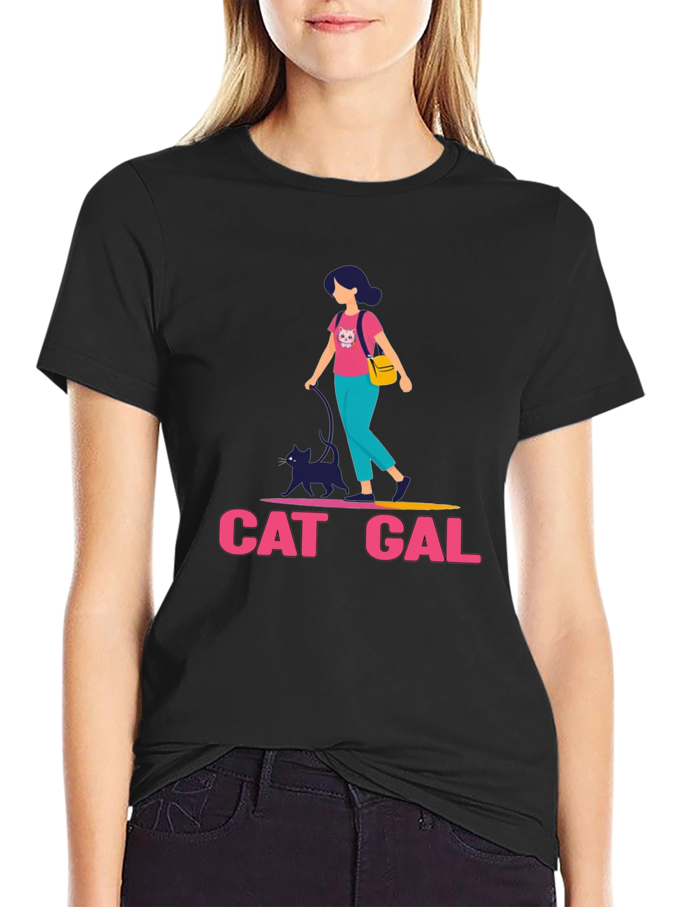 Cat Gal Graphic T-Shirt - Black Crew Neck Tee