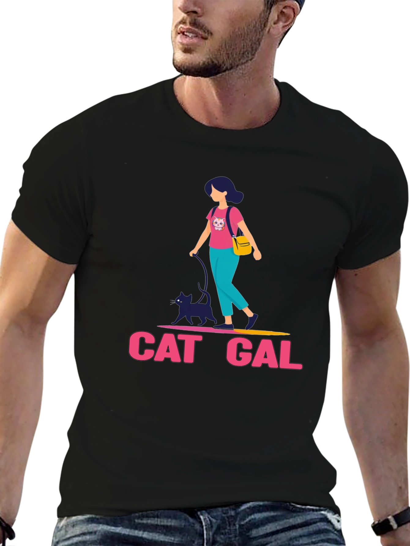 Cat Gal Graphic T-Shirt - Black Crew Neck Tee