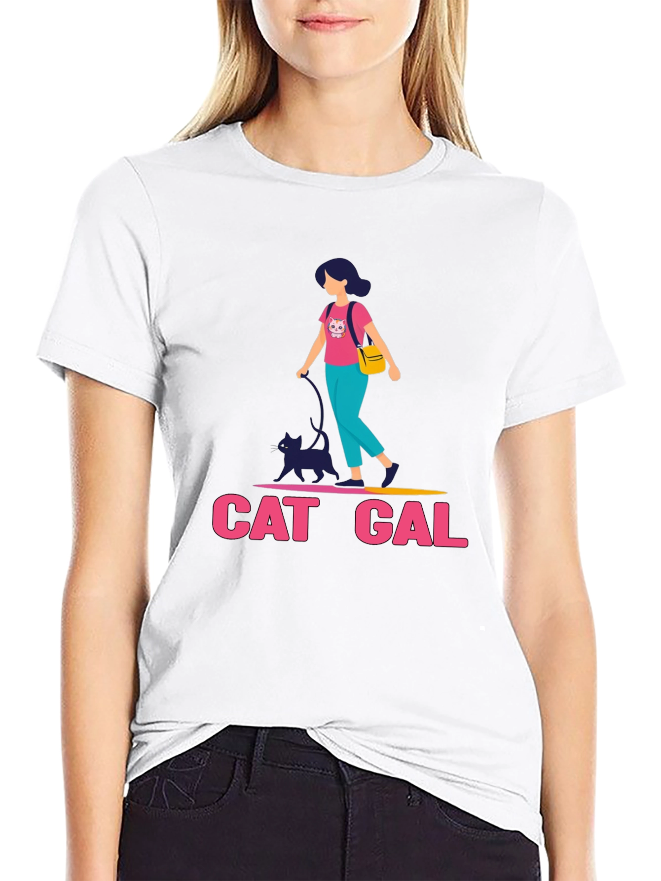 Cat Gal Graphic T-Shirt - Black Crew Neck Tee