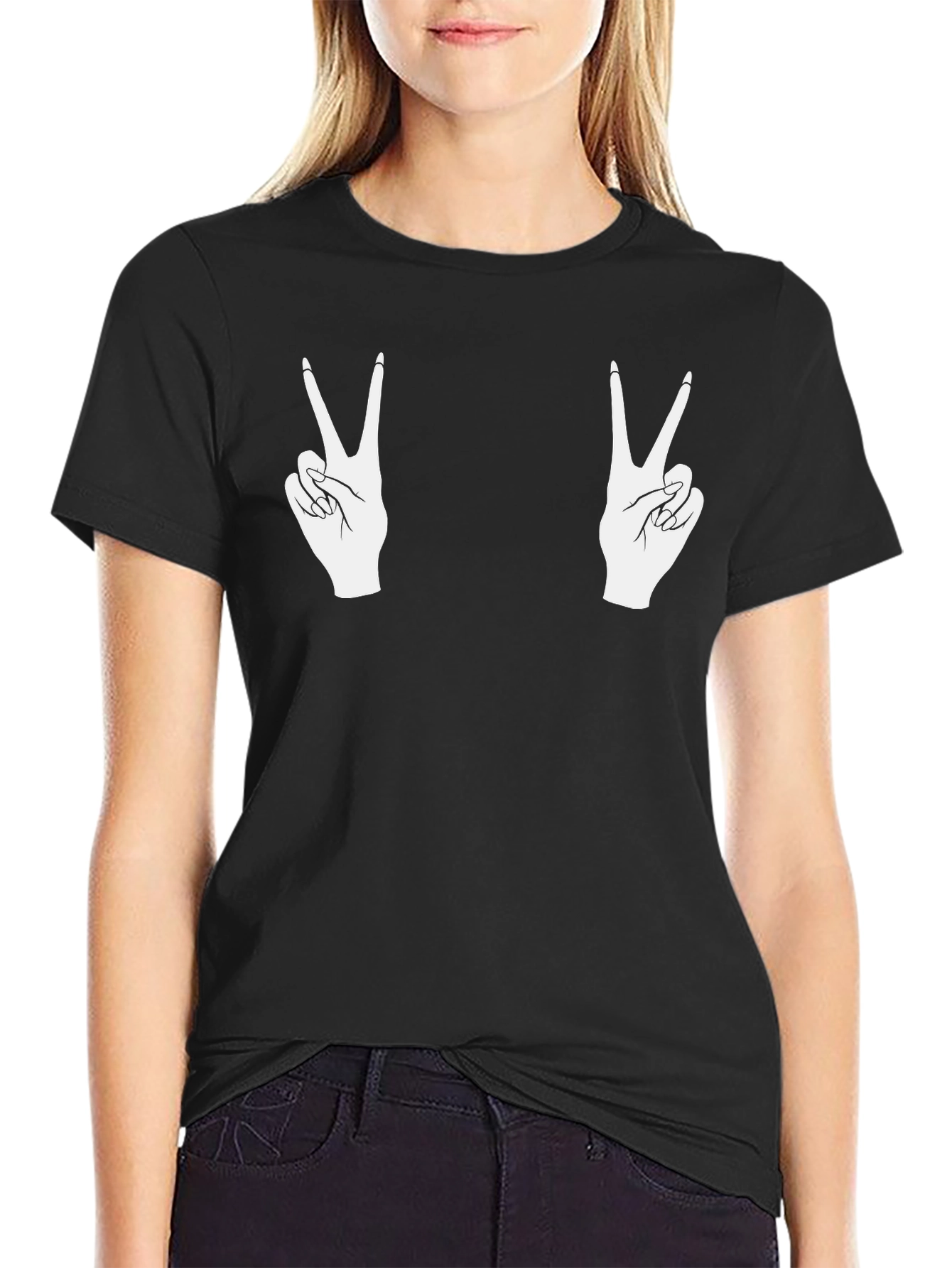 Peace Sign Hands Graphic Black T-Shirt
