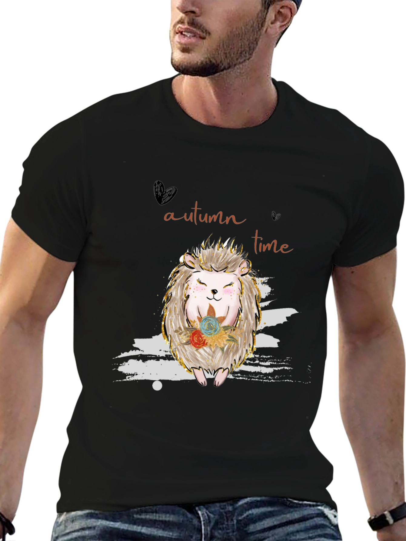 Autumn Time Hedgehog Graphic Tee - Black