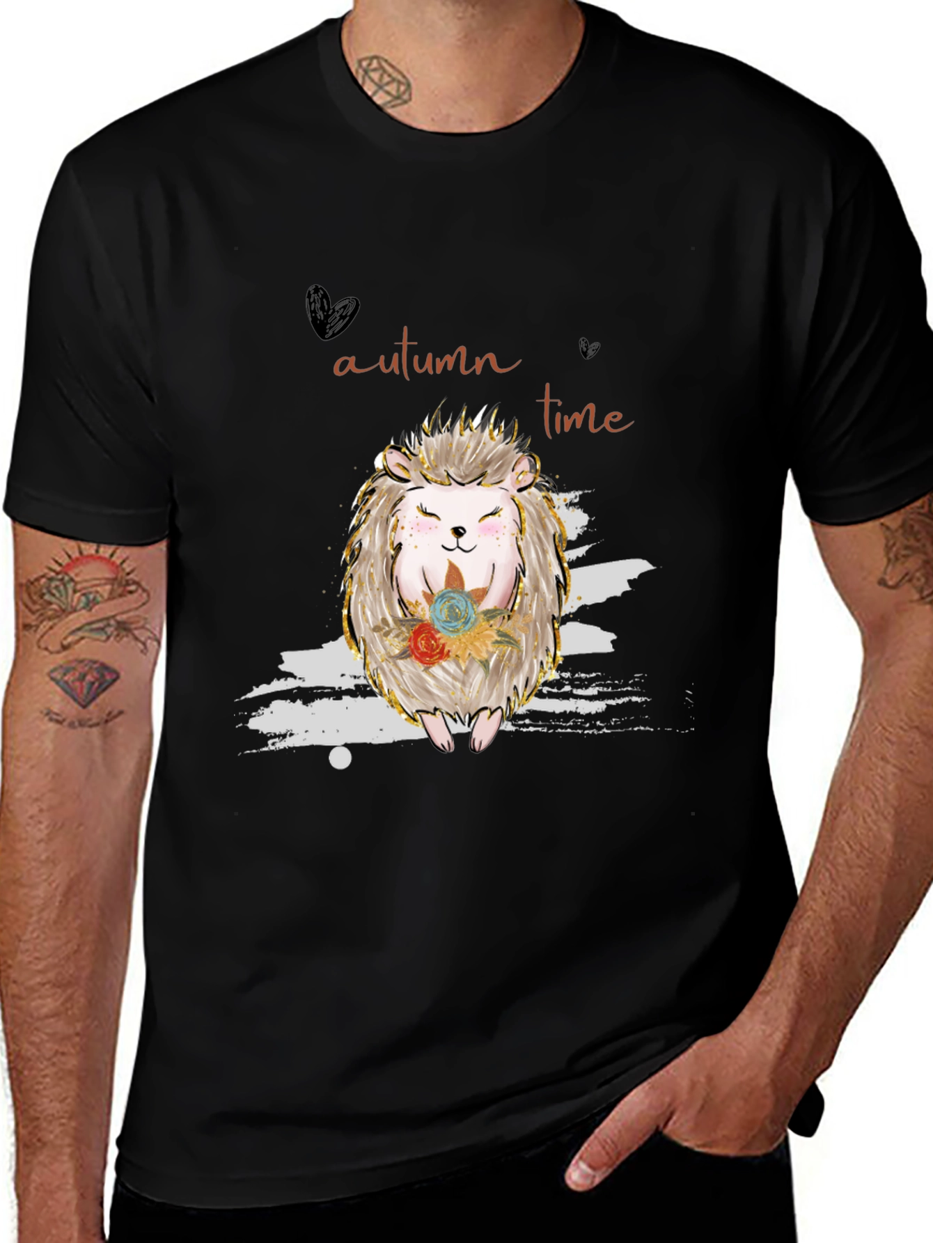 Autumn Time Hedgehog Graphic Tee - Black
