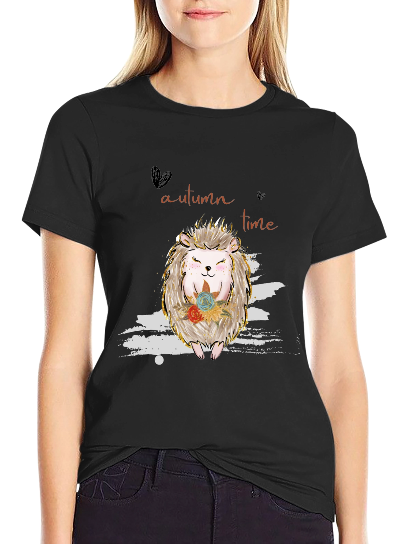 Autumn Time Hedgehog Graphic Tee - Black