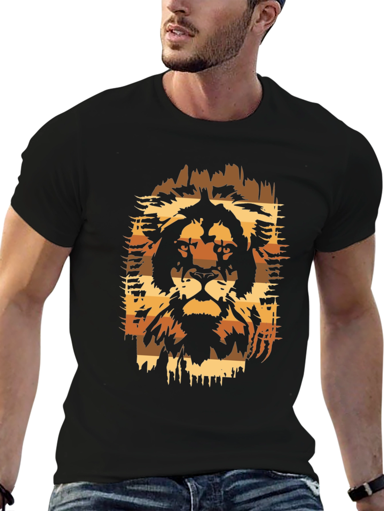 Lion Graphic Print Black T-Shirt - Animal Design