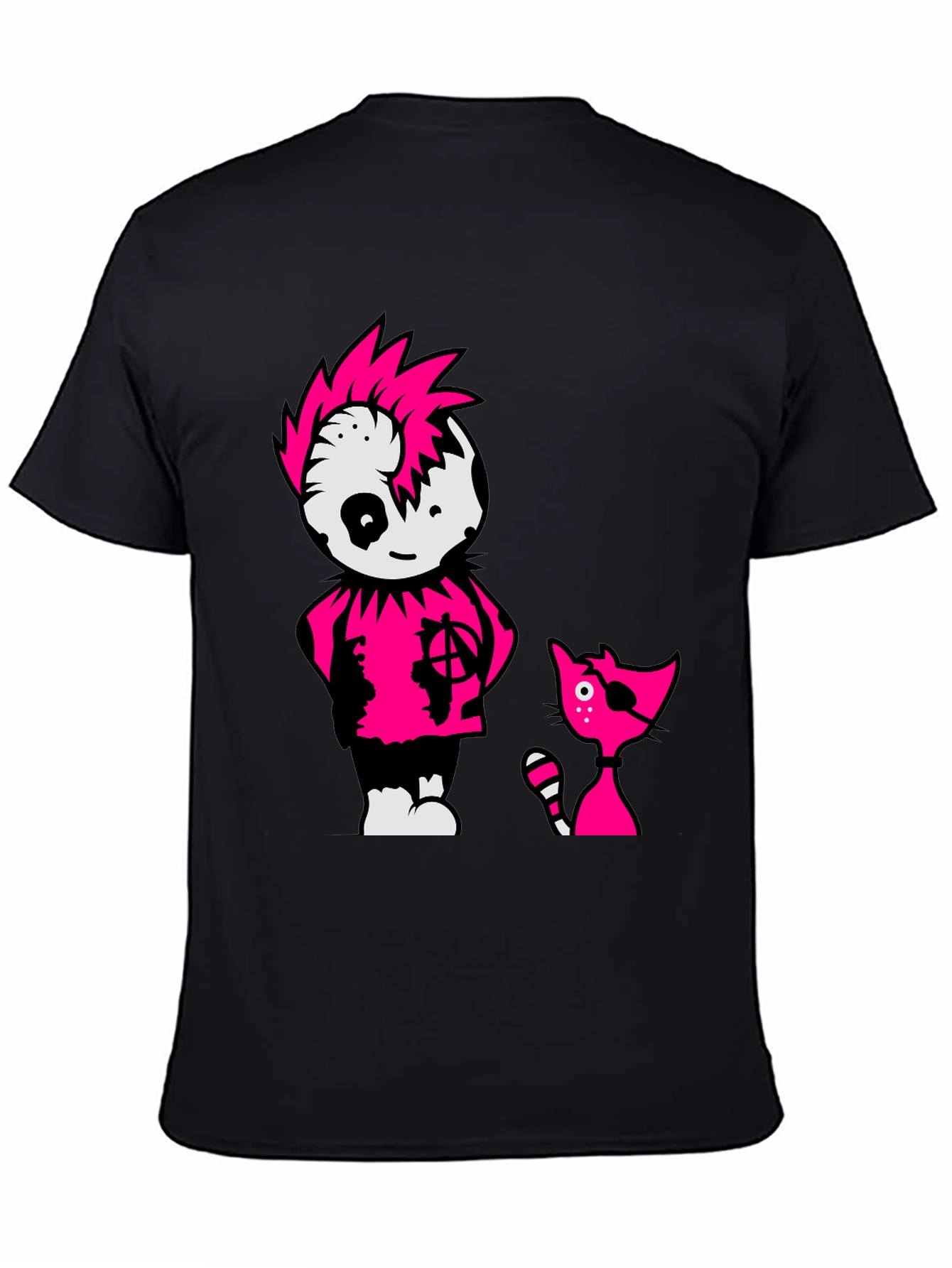 Black Tee with Punk Cartoon Character and Cat
