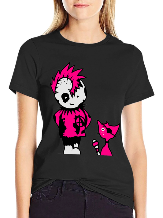 Black Tee with Punk Cartoon Character and Cat