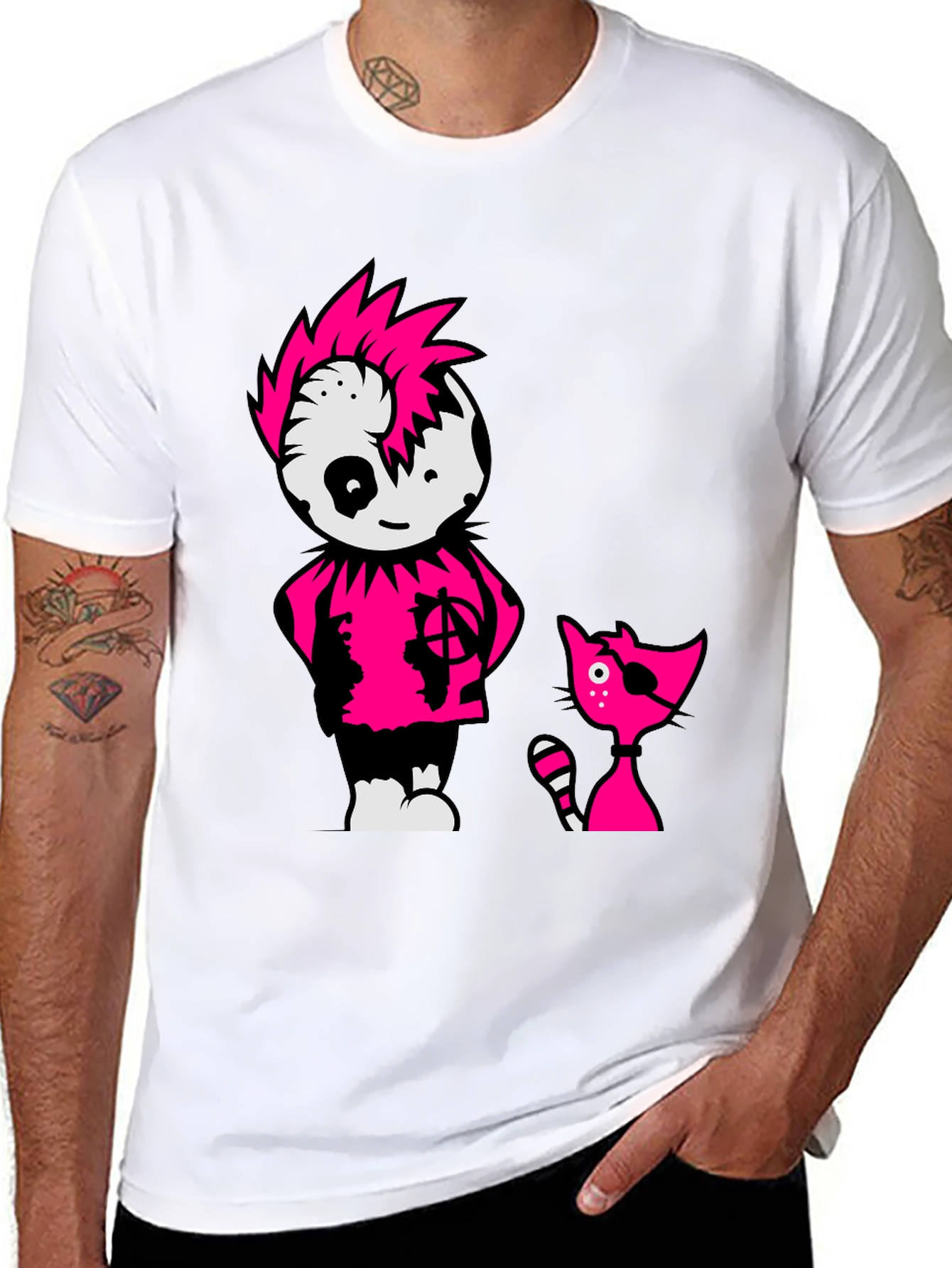 Black Tee with Punk Cartoon Character and Cat