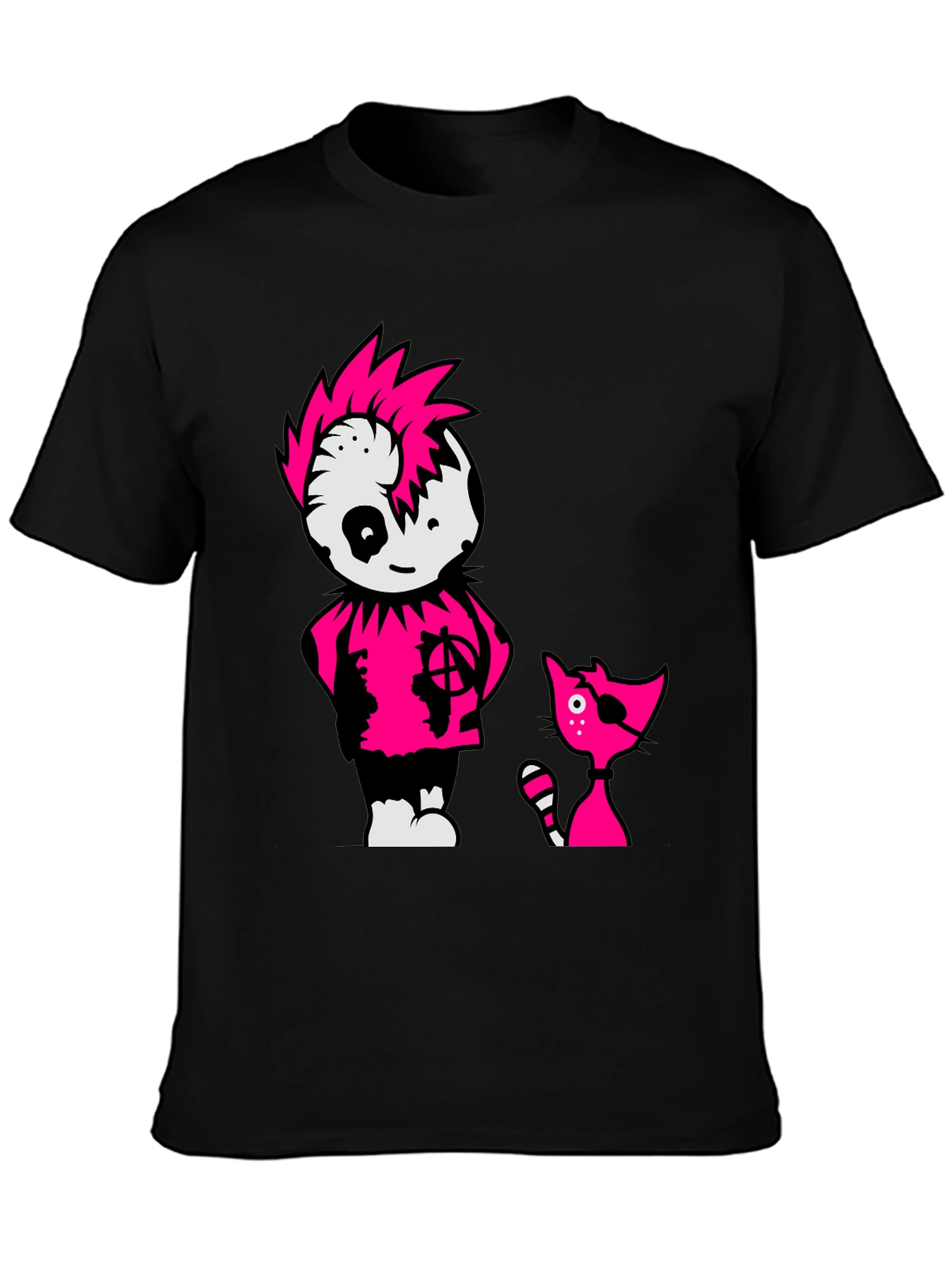 Black Tee with Punk Cartoon Character and Cat