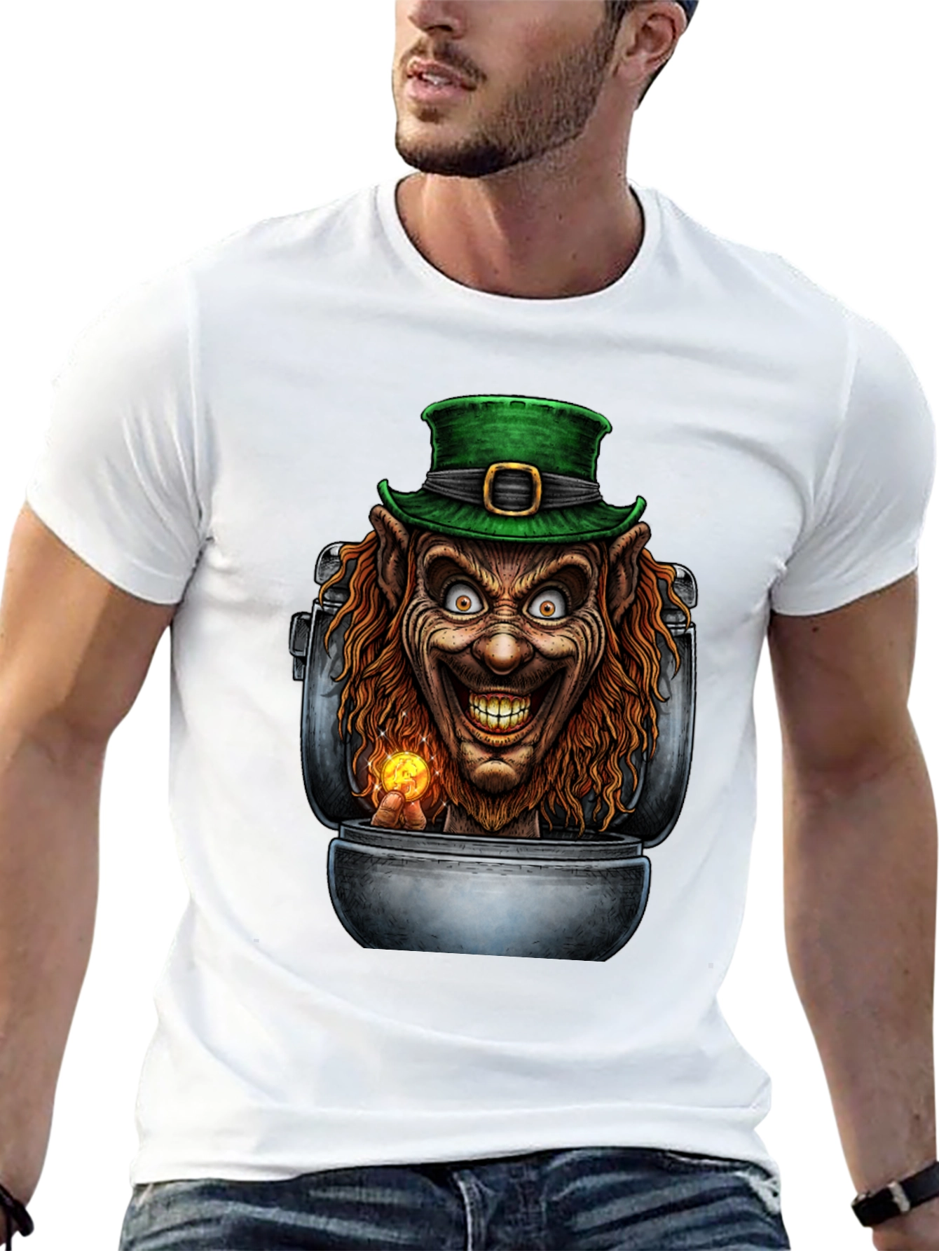 Creepy Leprechaun in Pot of Gold Graphic T-Shirt