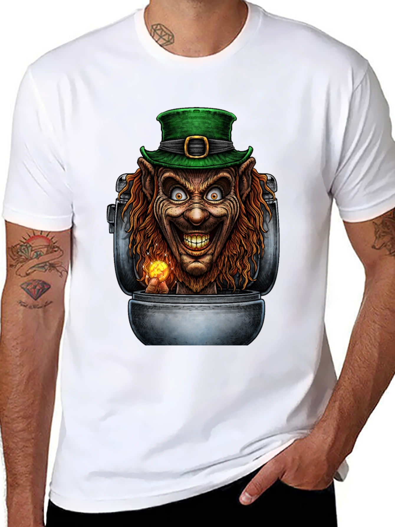 Creepy Leprechaun in Pot of Gold Graphic T-Shirt
