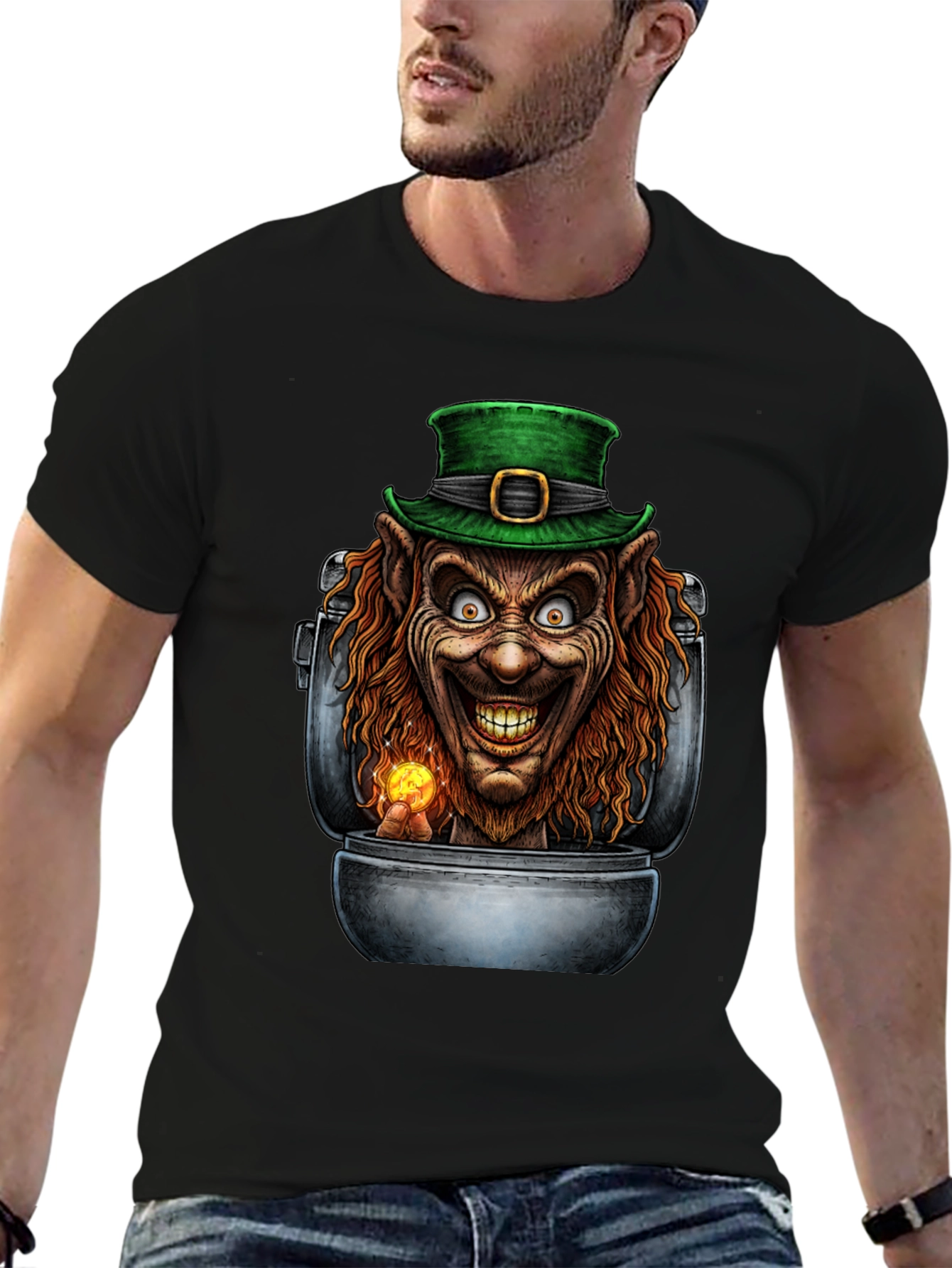 Creepy Leprechaun in Pot of Gold Graphic T-Shirt