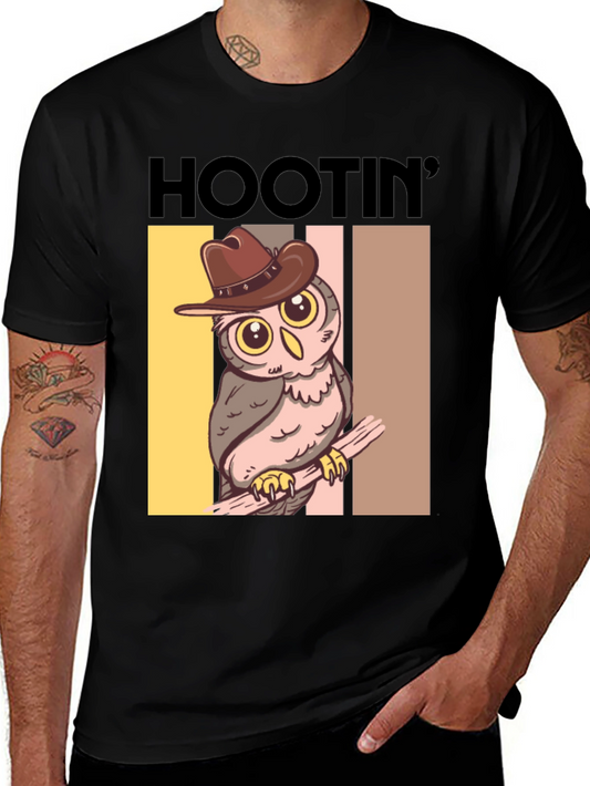 Hootin Owl Graphic Tee - Cowboy Style Cartoon Animal T-Shirt