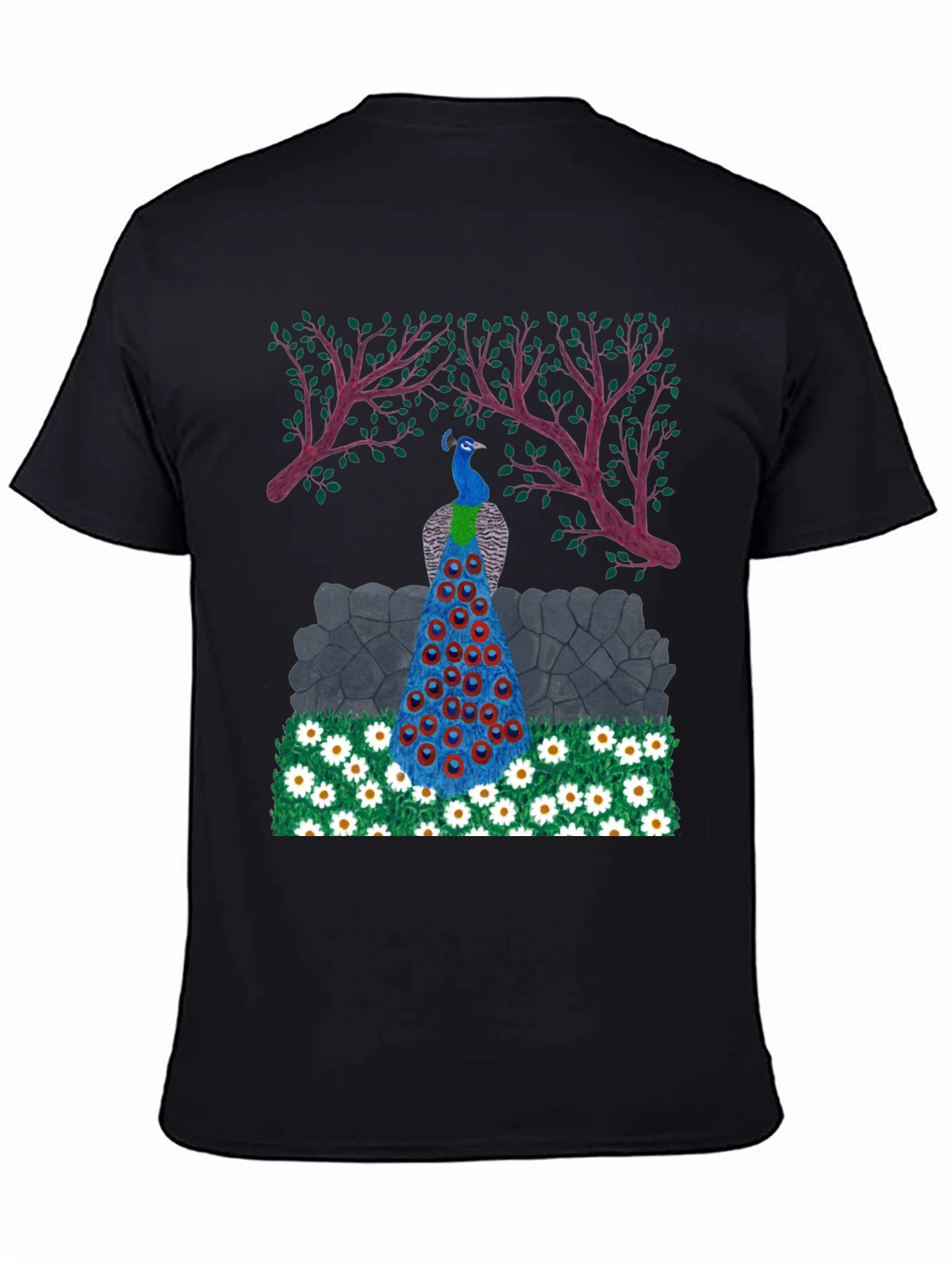 Peacock Design Black T-Shirt