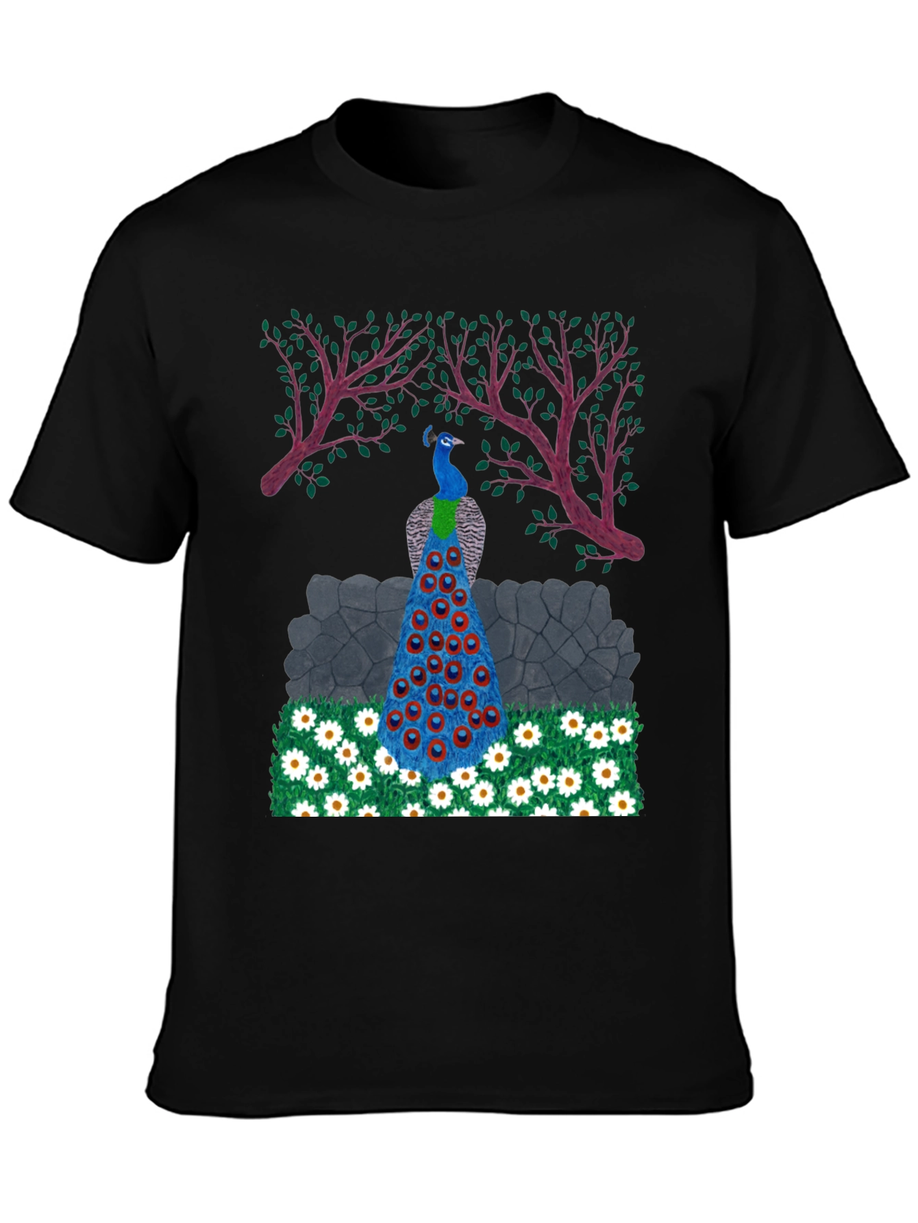 Peacock Design Black T-Shirt