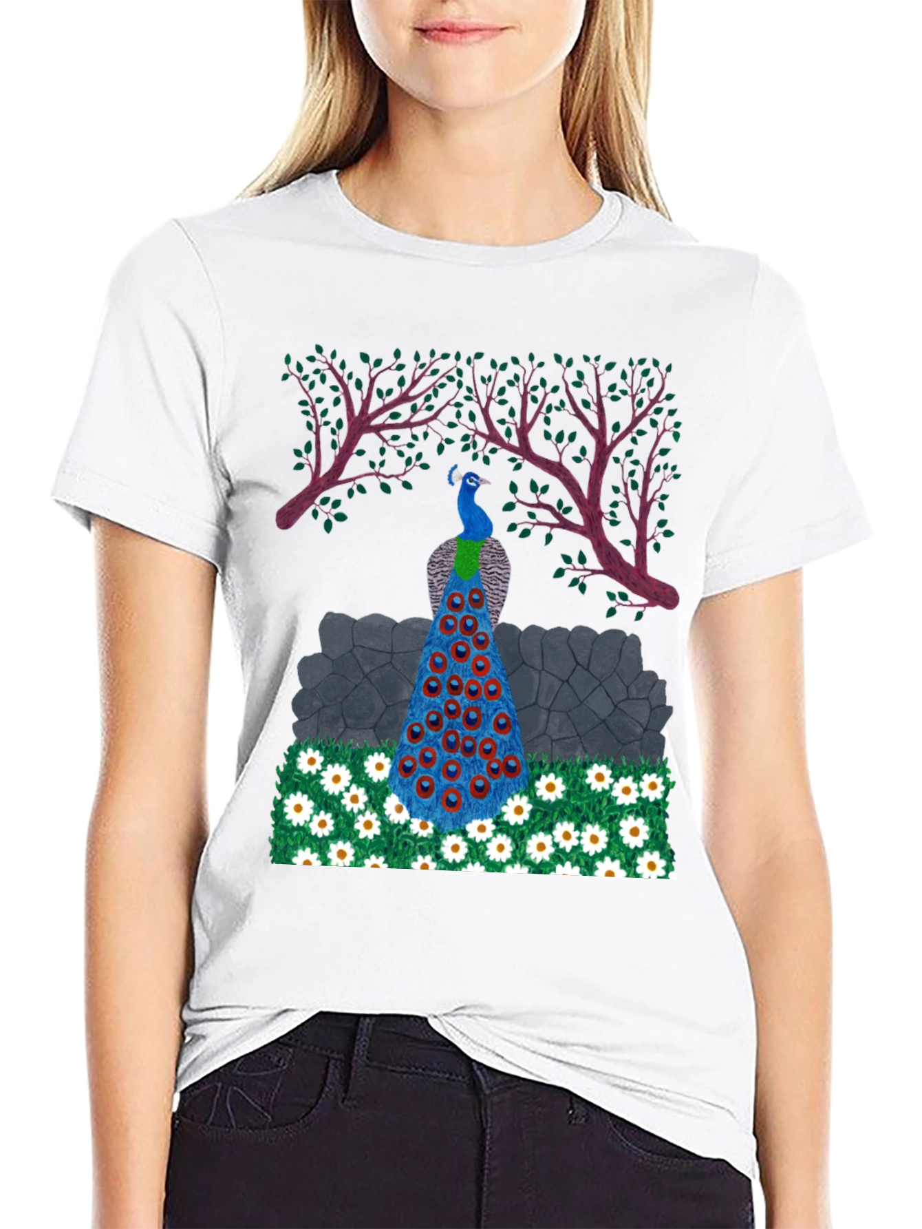 Peacock Design Black T-Shirt