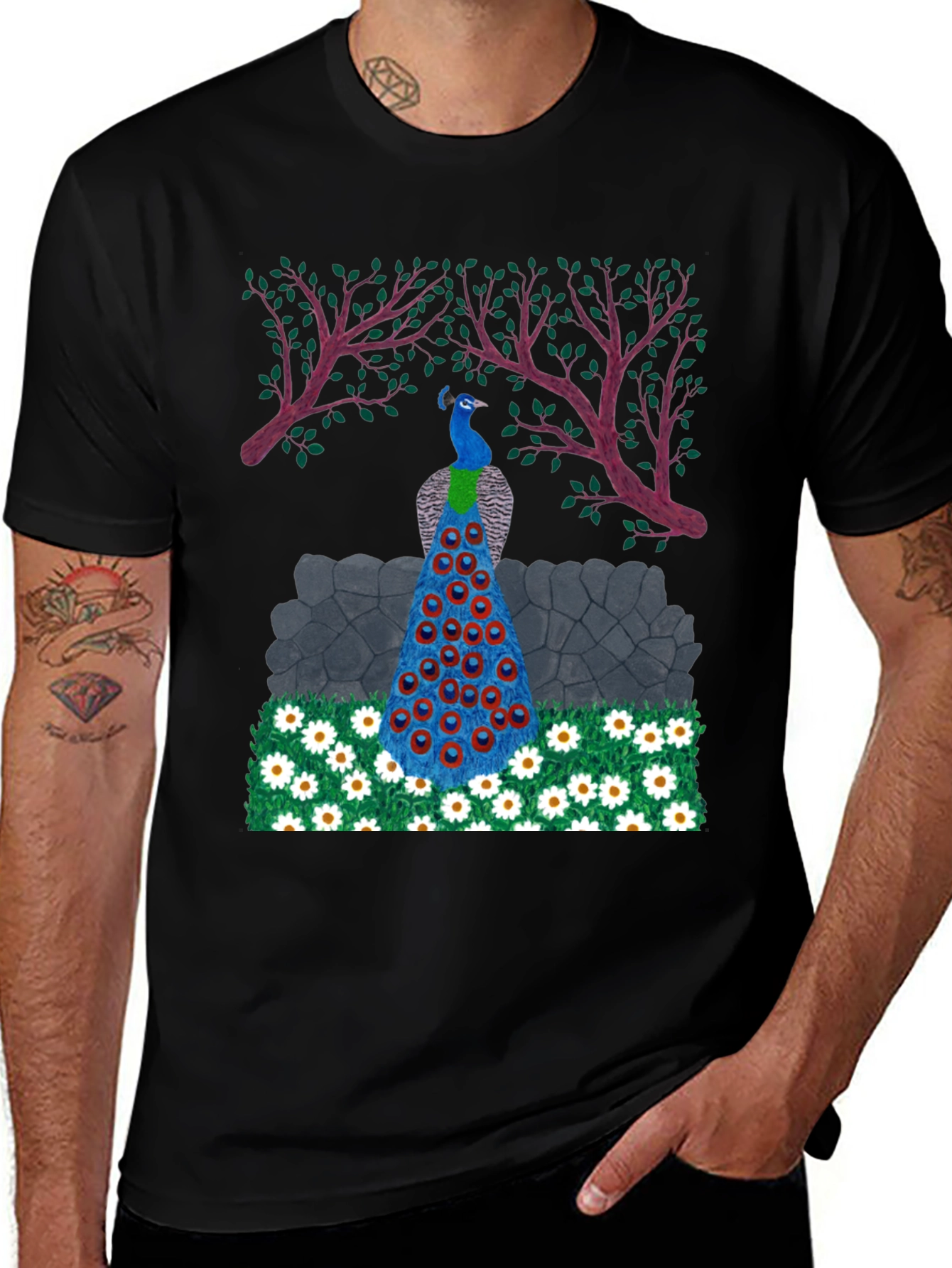 Peacock Design Black T-Shirt