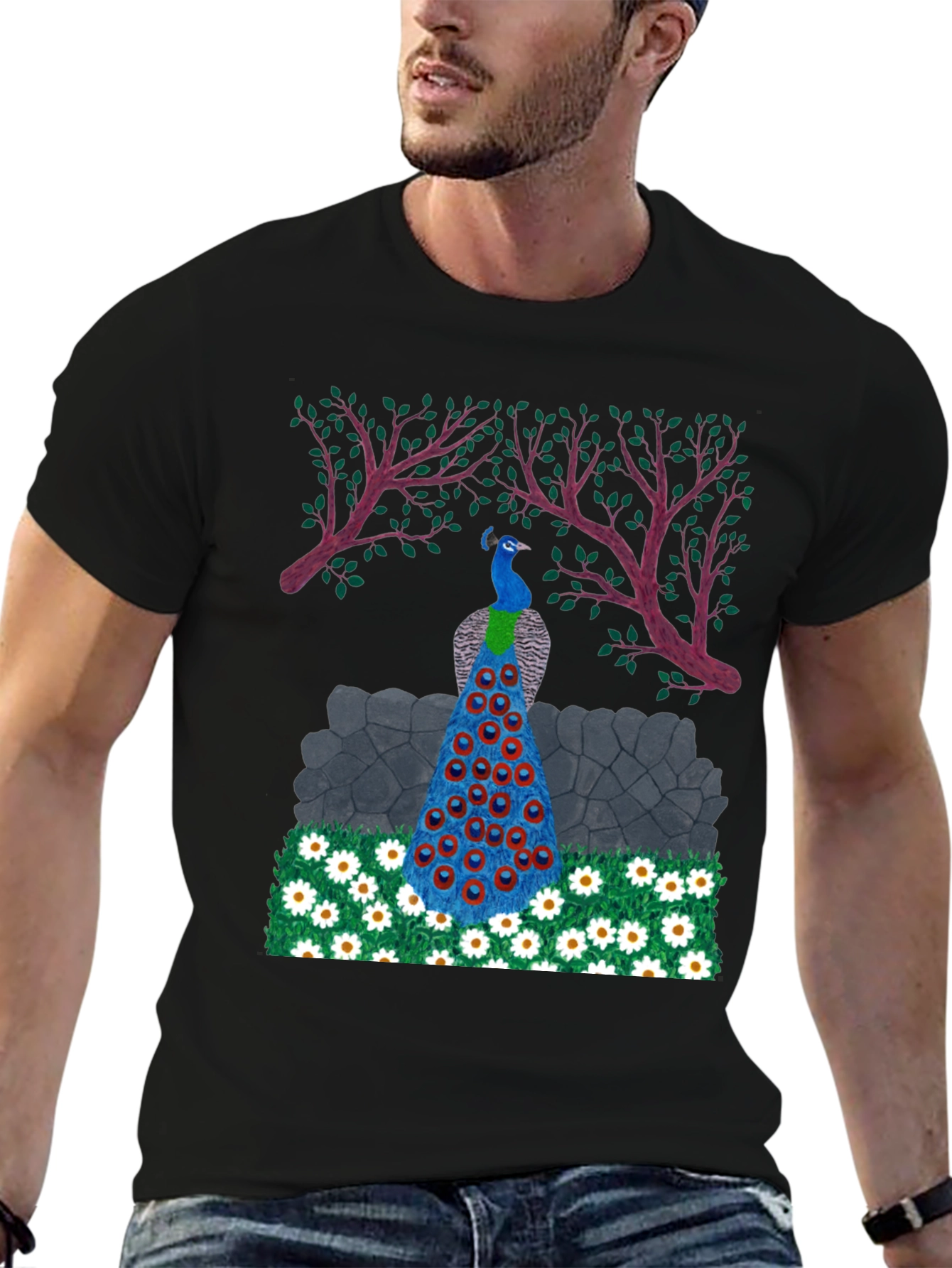 Peacock Design Black T-Shirt