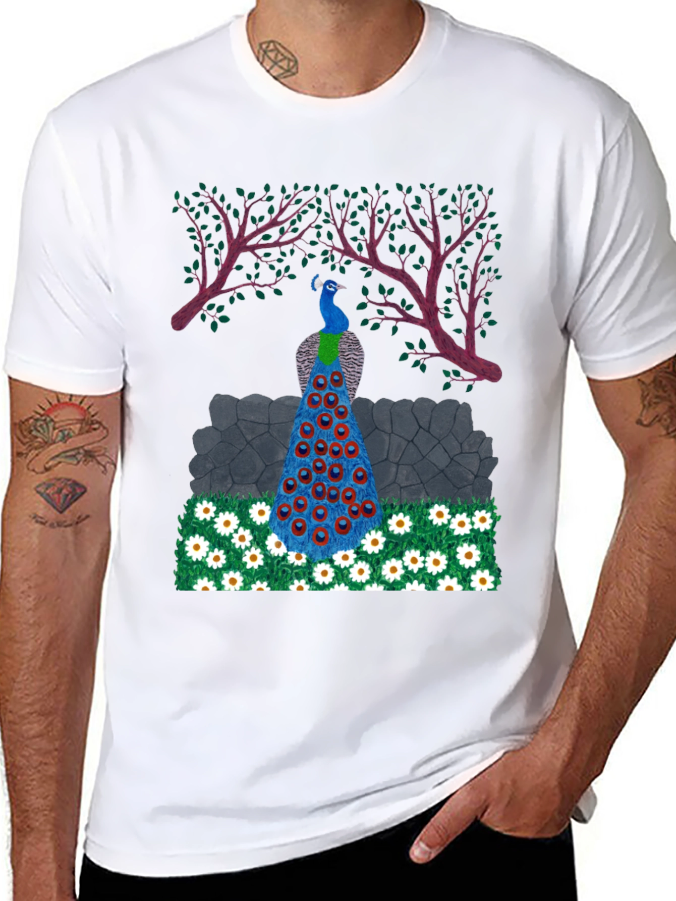 Peacock Design Black T-Shirt