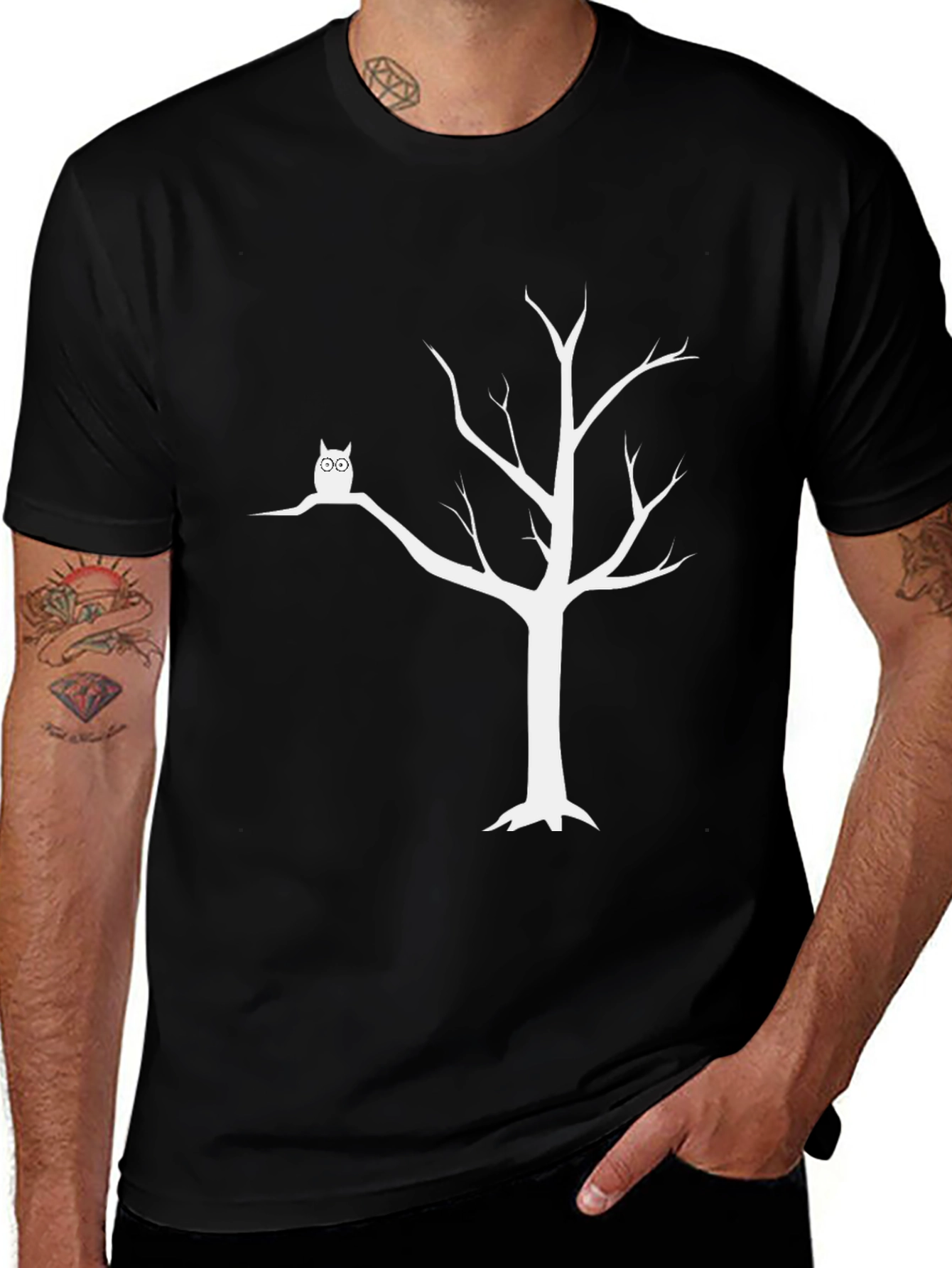 Owl Tree Graphic Tee - Unisex Black Cotton T-Shirt