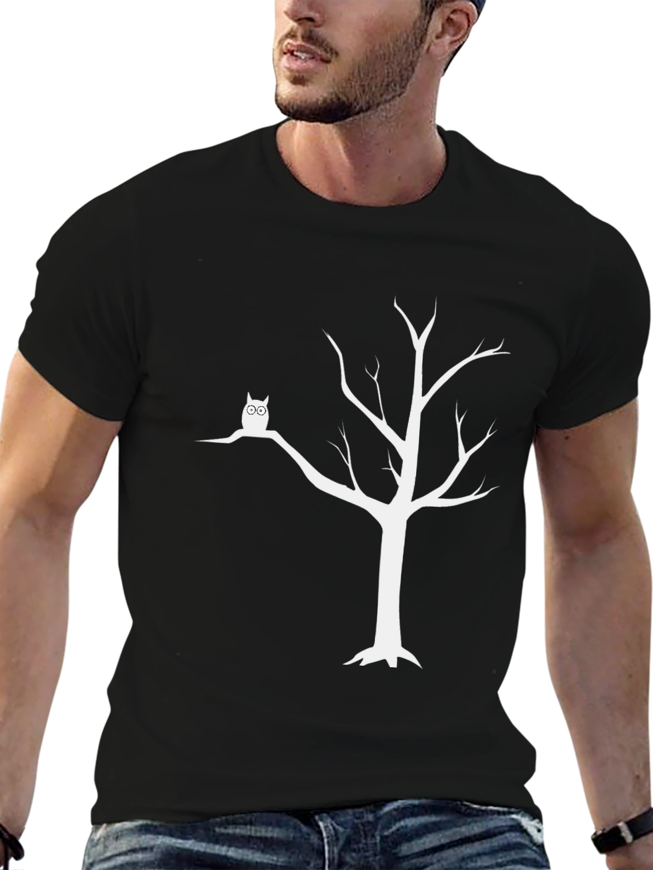 Owl Tree Graphic Tee - Unisex Black Cotton T-Shirt