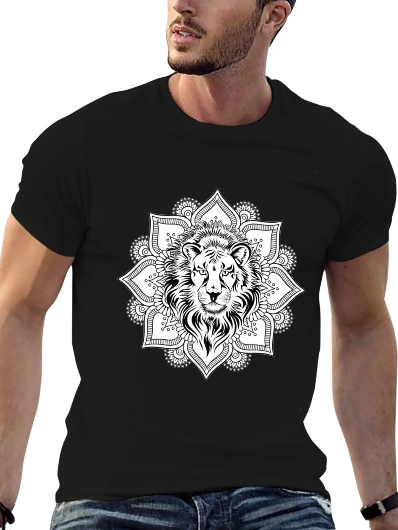 Lion Mandala Graphic Tee - Black Cotton T-Shirt