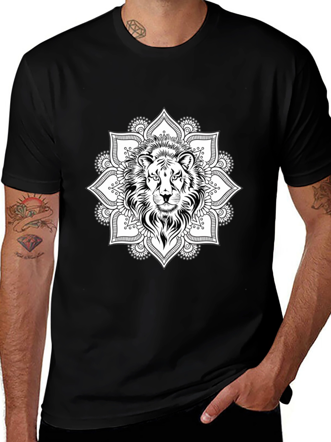 Lion Mandala Graphic Tee - Black Cotton T-Shirt