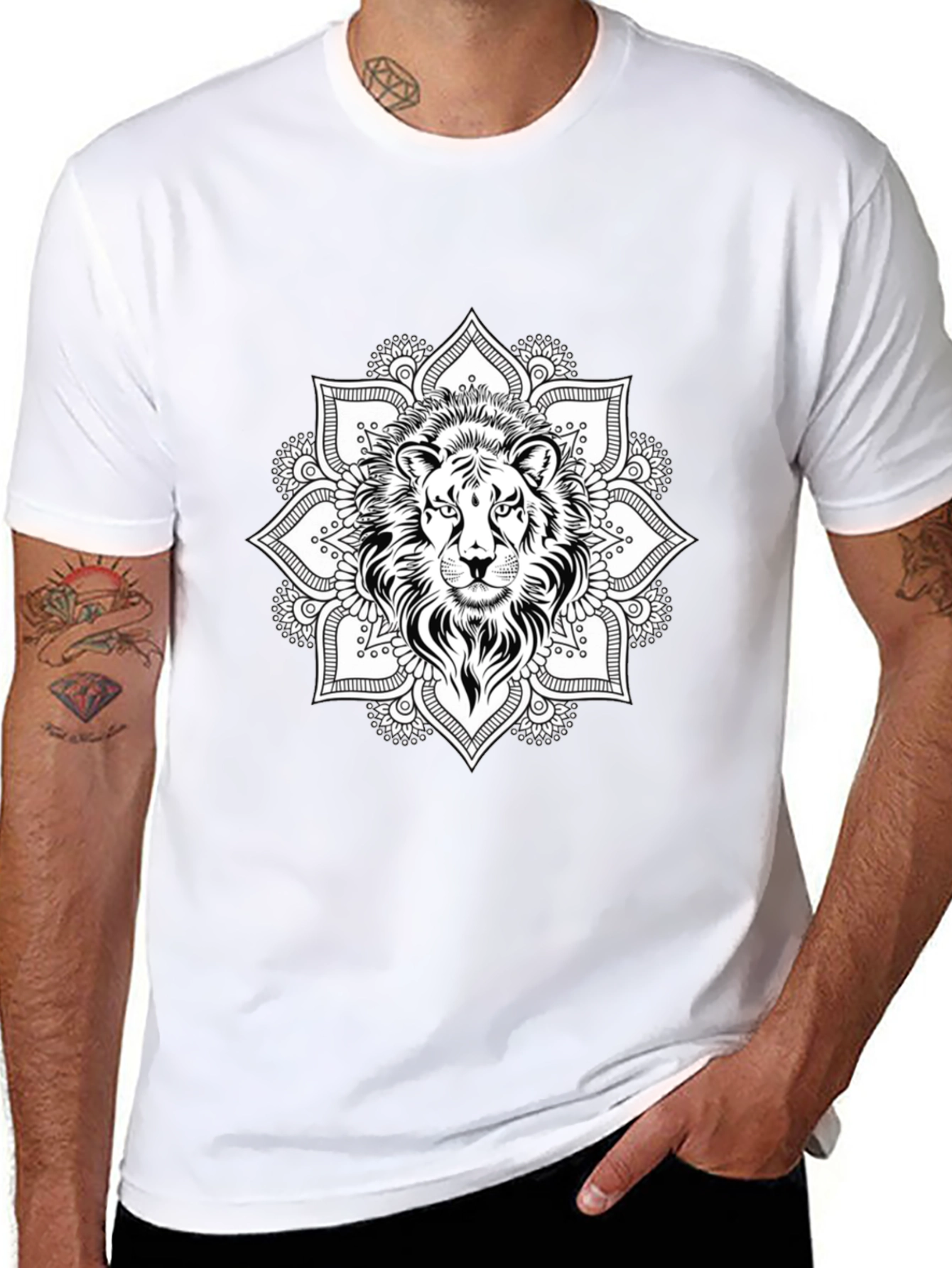 Lion Mandala Graphic Tee - Black Cotton T-Shirt