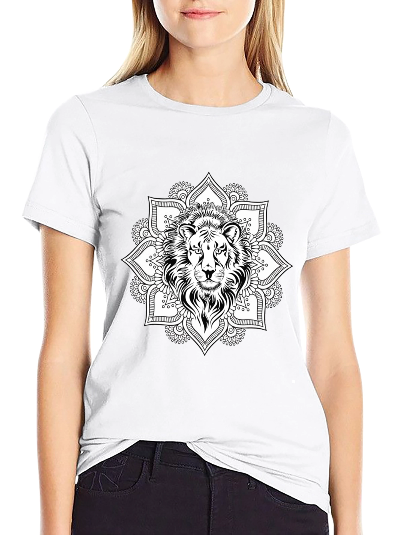 Lion Mandala Graphic Tee - Black Cotton T-Shirt