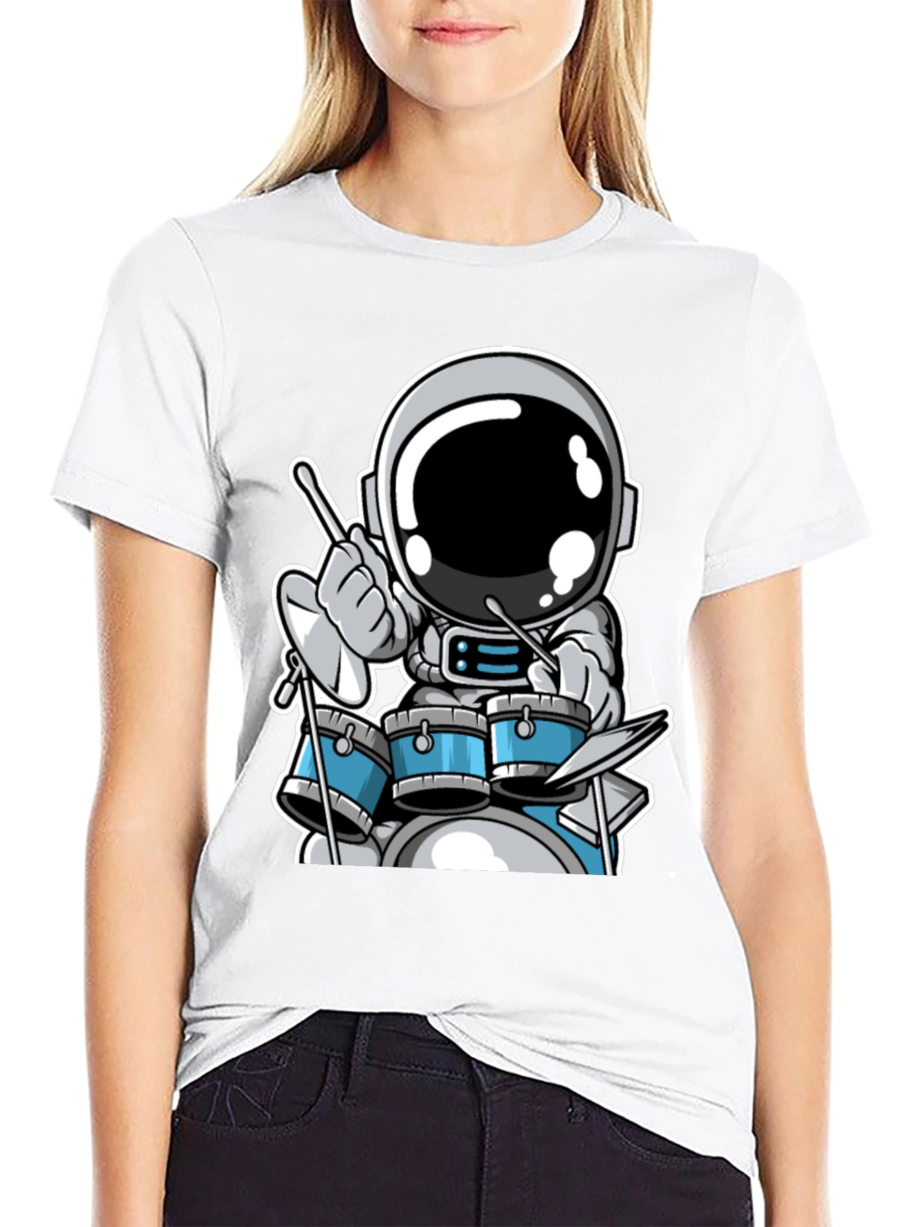 Astronaut Drummer Black T-Shirt - Space Musician Tee