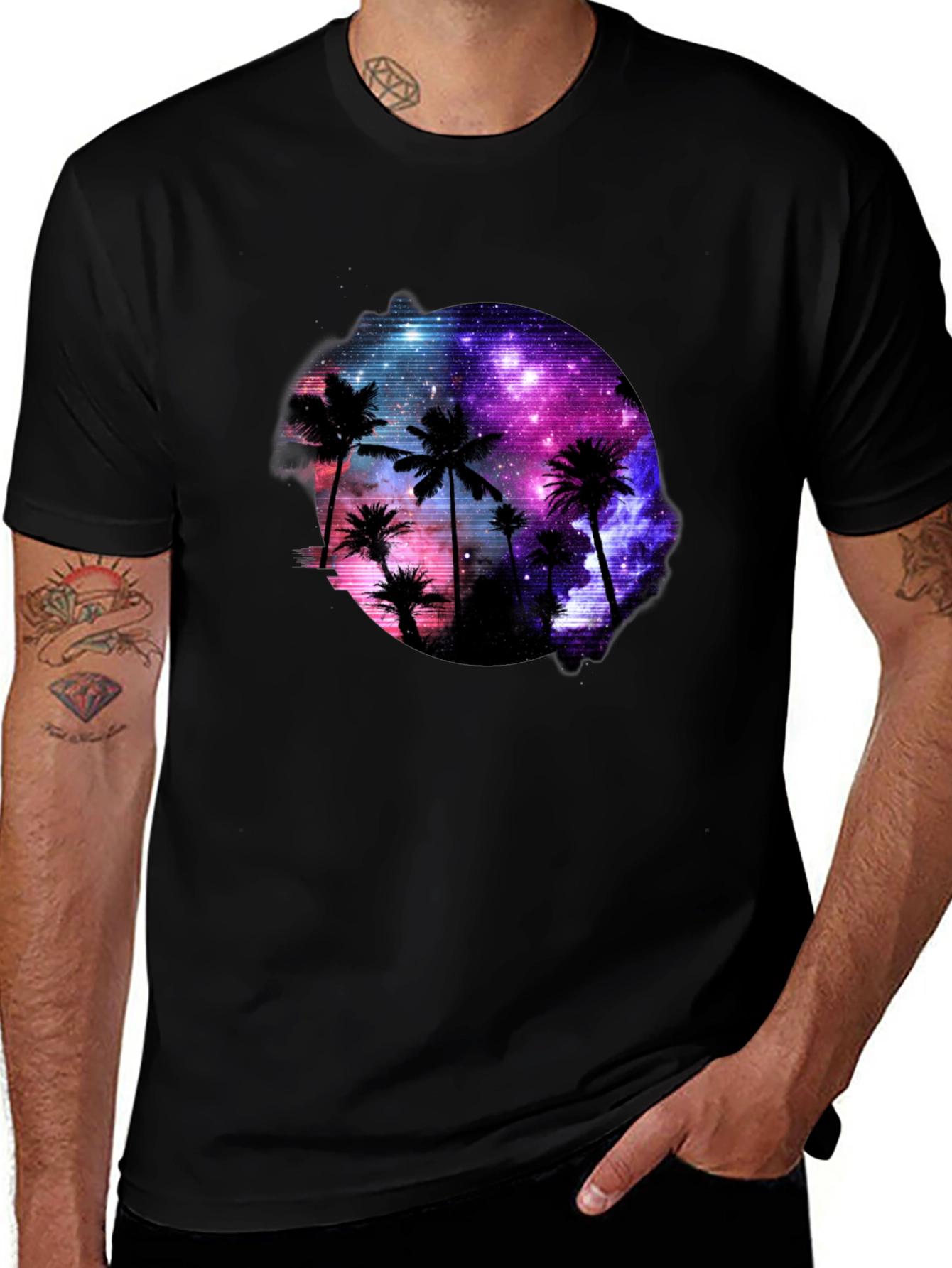 Galaxy Palm Tree Graphic Black T-Shirt