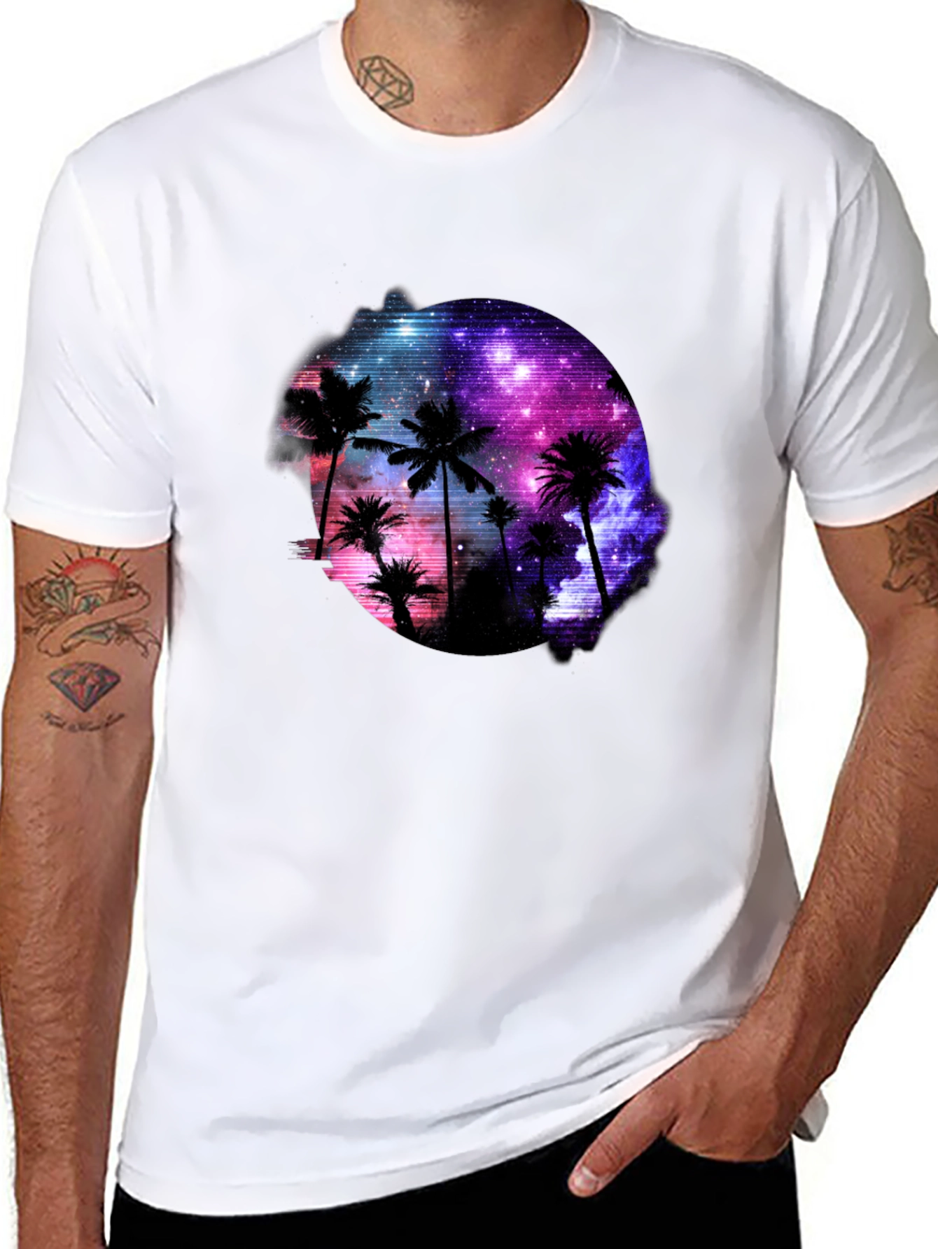 Galaxy Palm Tree Graphic Black T-Shirt