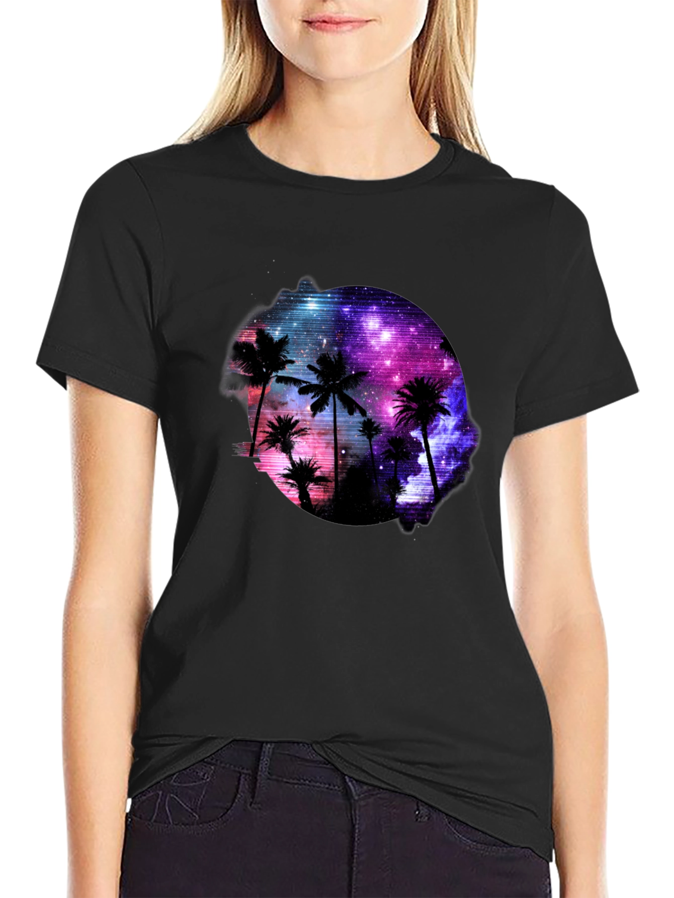 Galaxy Palm Tree Graphic Black T-Shirt