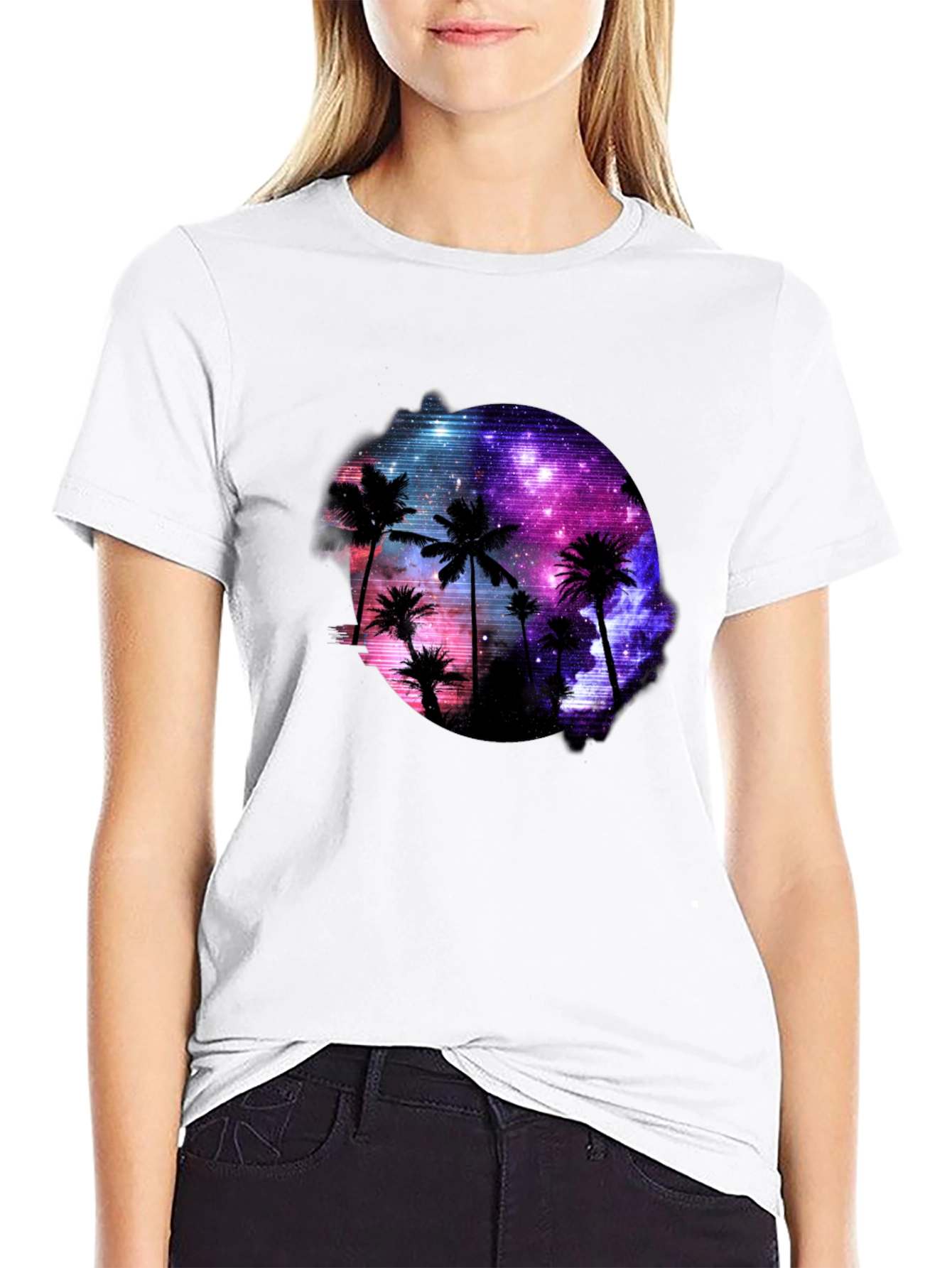 Galaxy Palm Tree Graphic Black T-Shirt