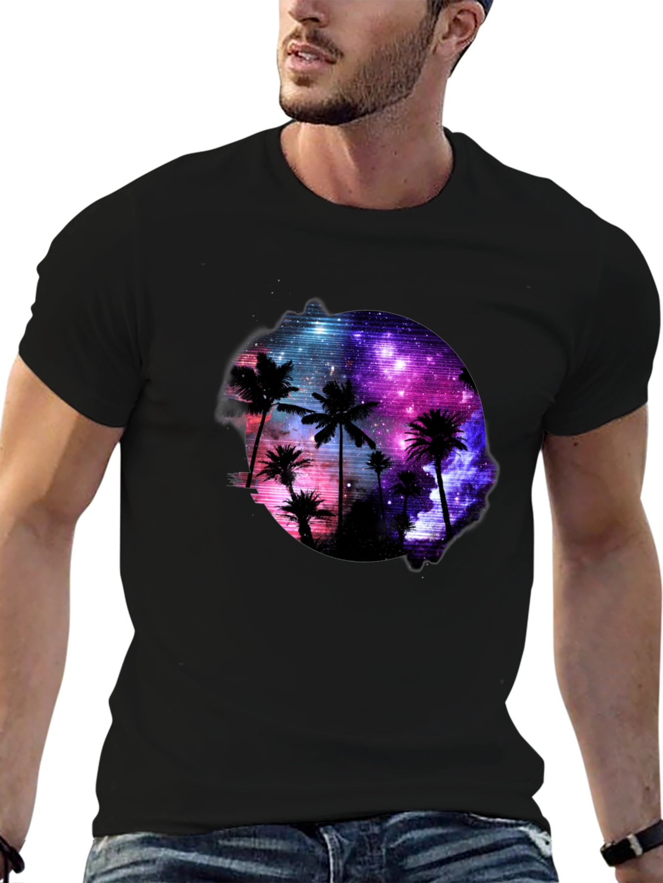 Galaxy Palm Tree Graphic Black T-Shirt