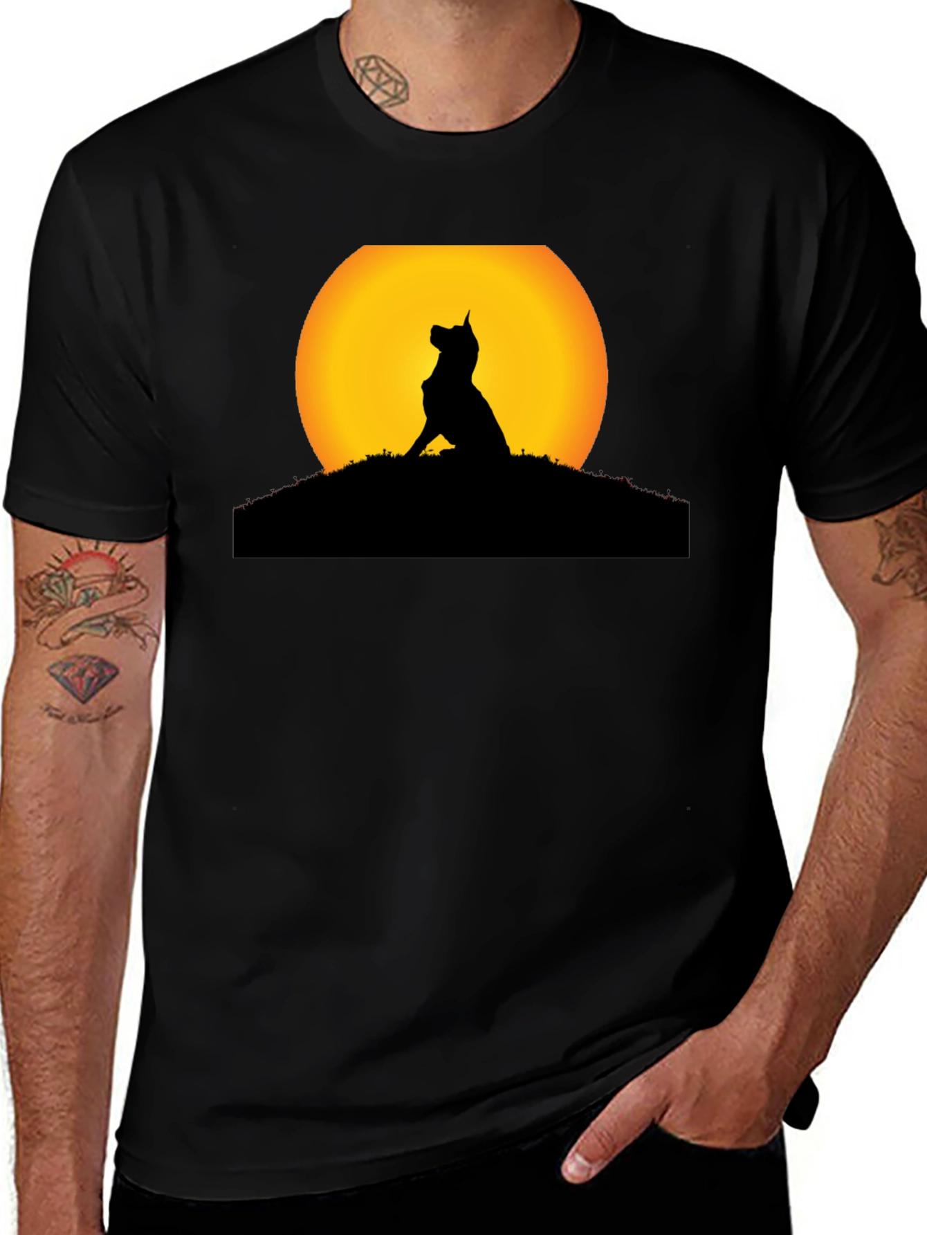 Dog Silhouette Sunset Black T-Shirt