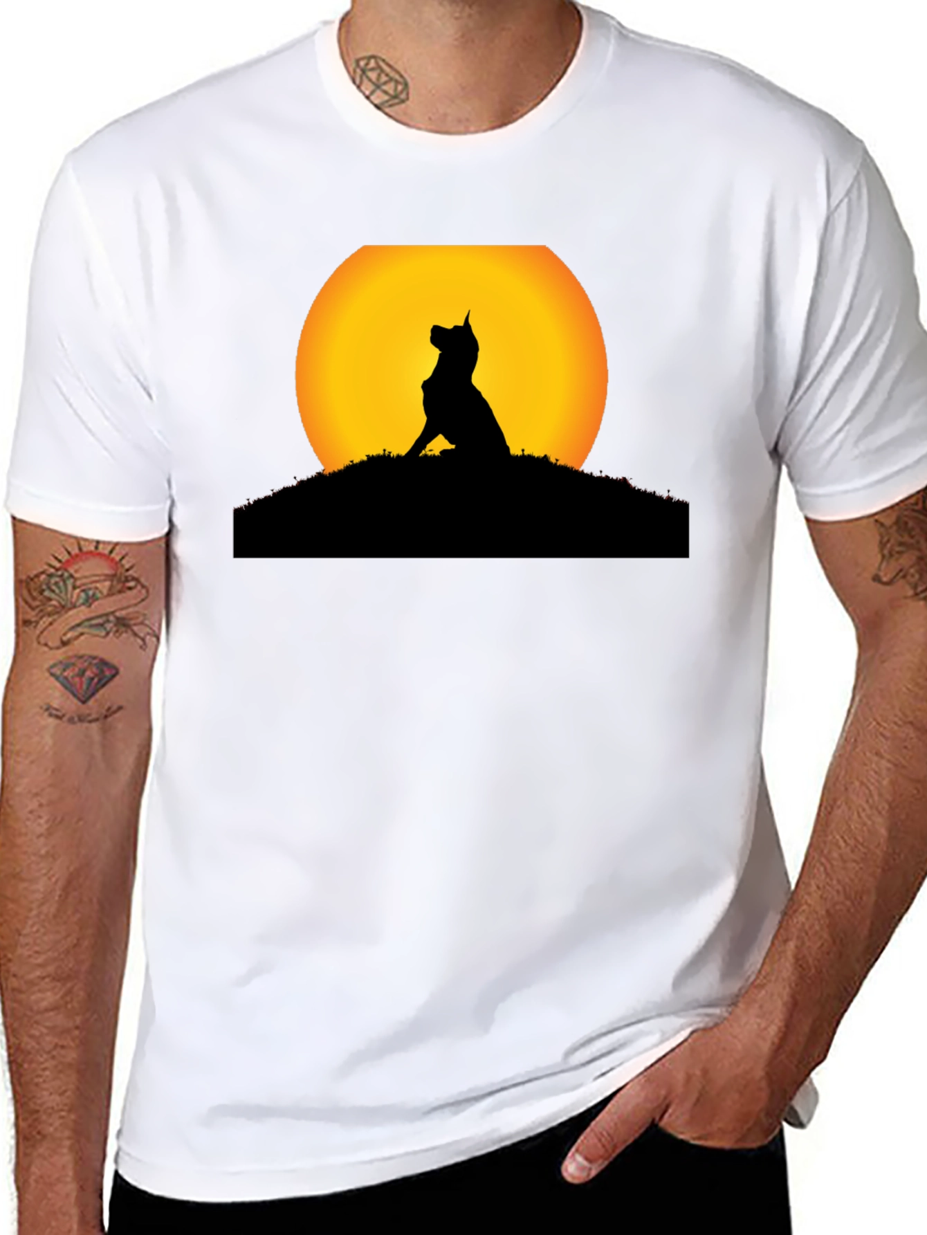 Dog Silhouette Sunset Black T-Shirt