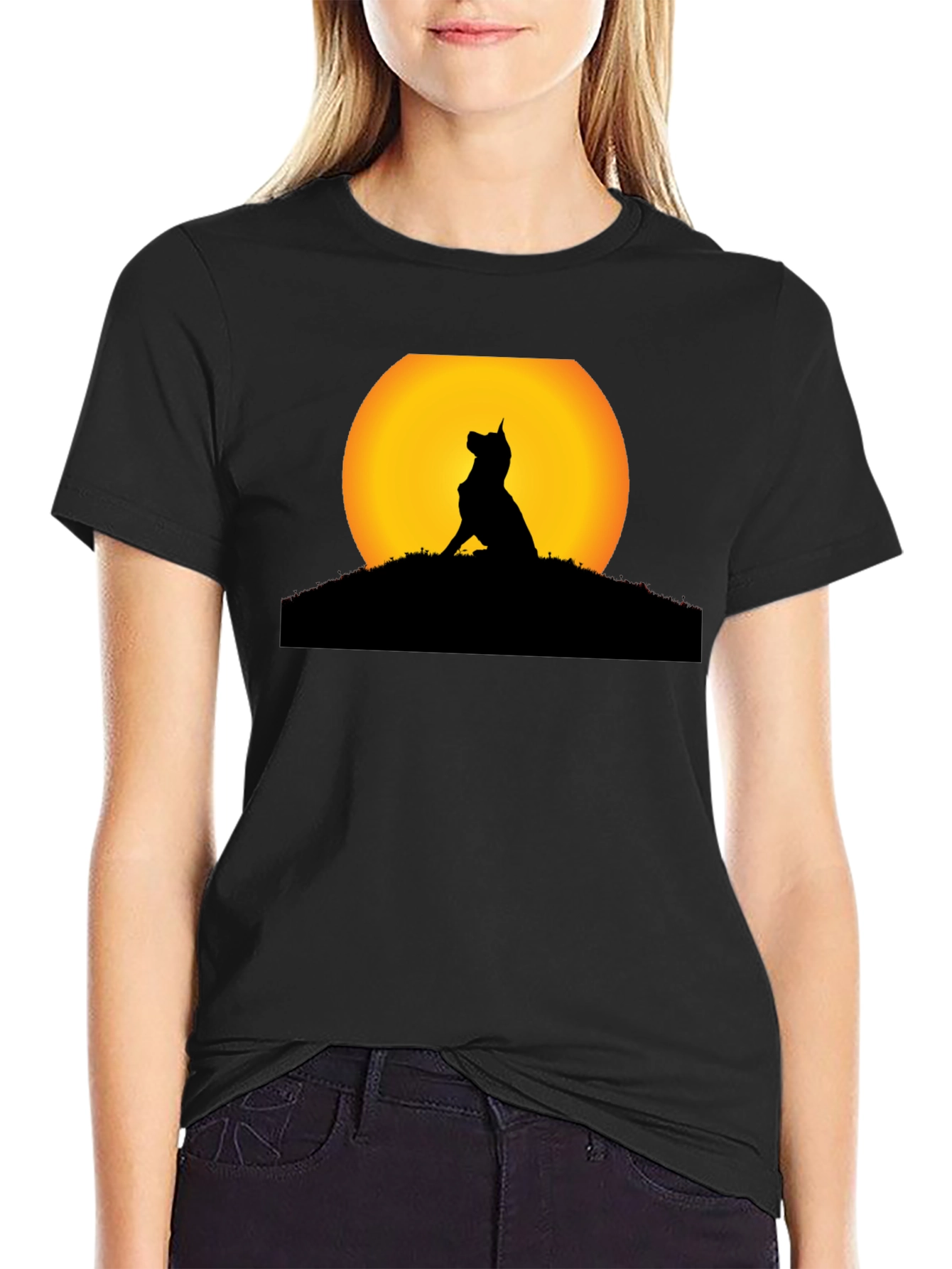 Dog Silhouette Sunset Black T-Shirt