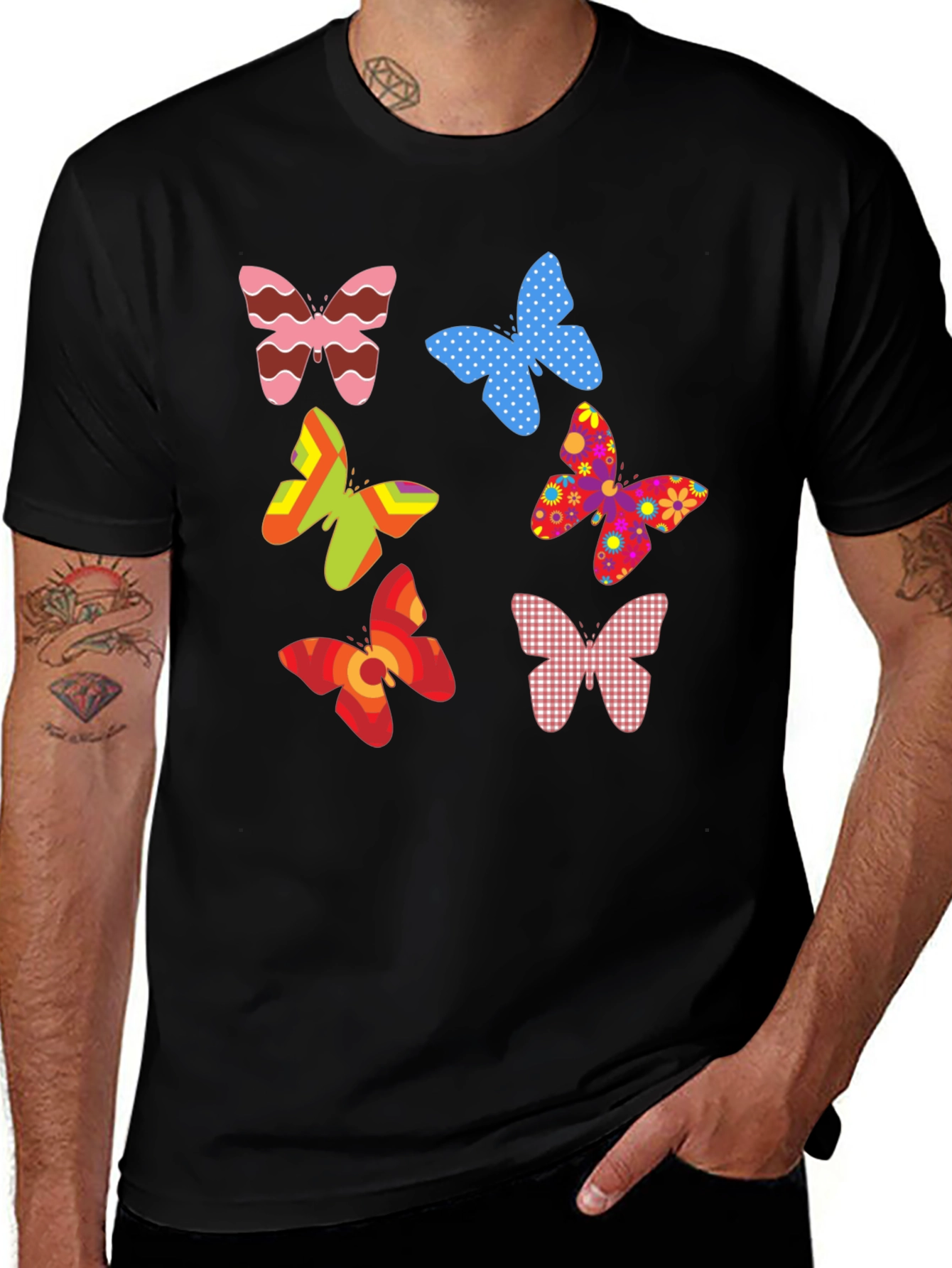 Butterfly Pattern Mens Black T-Shirt