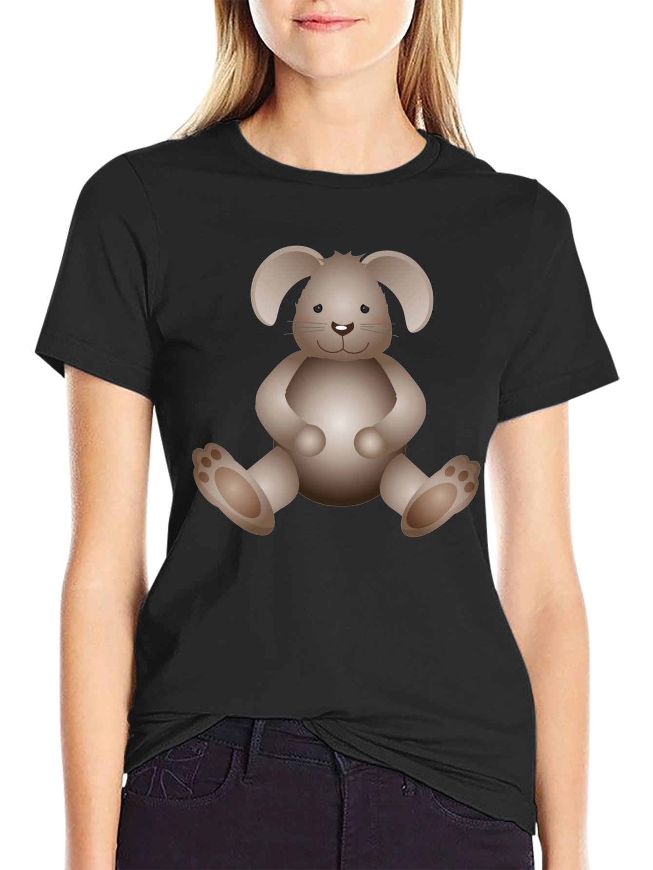 Cute Bunny Graphic Print Black T-Shirt