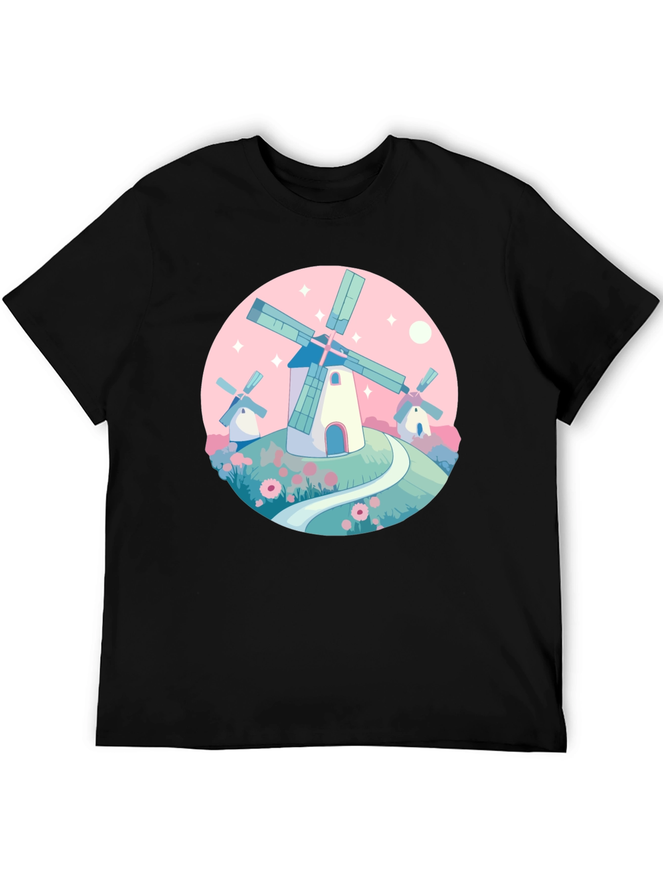 Whimsical Windmill Graphic Tee - Black