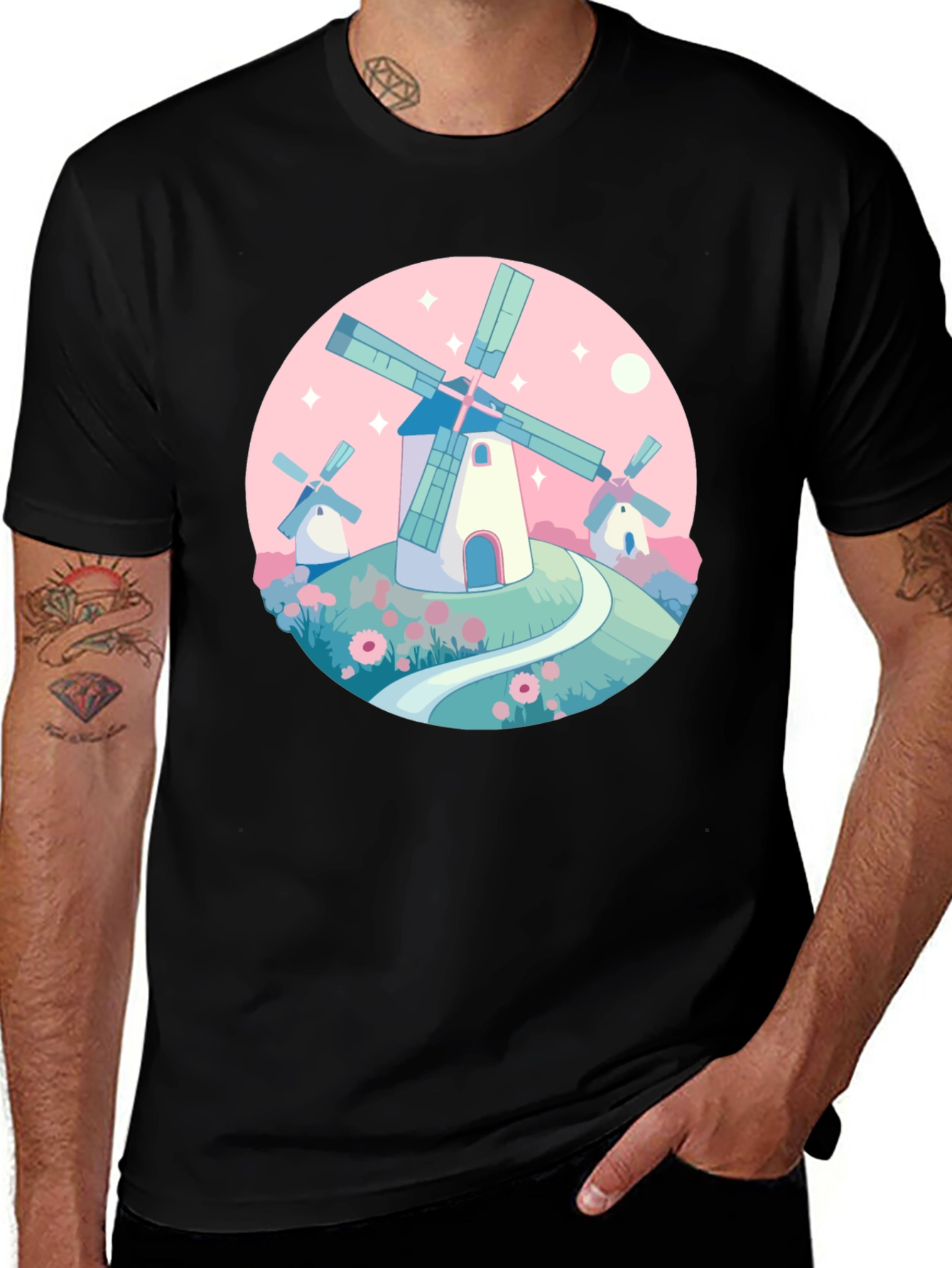 Whimsical Windmill Graphic Tee - Black