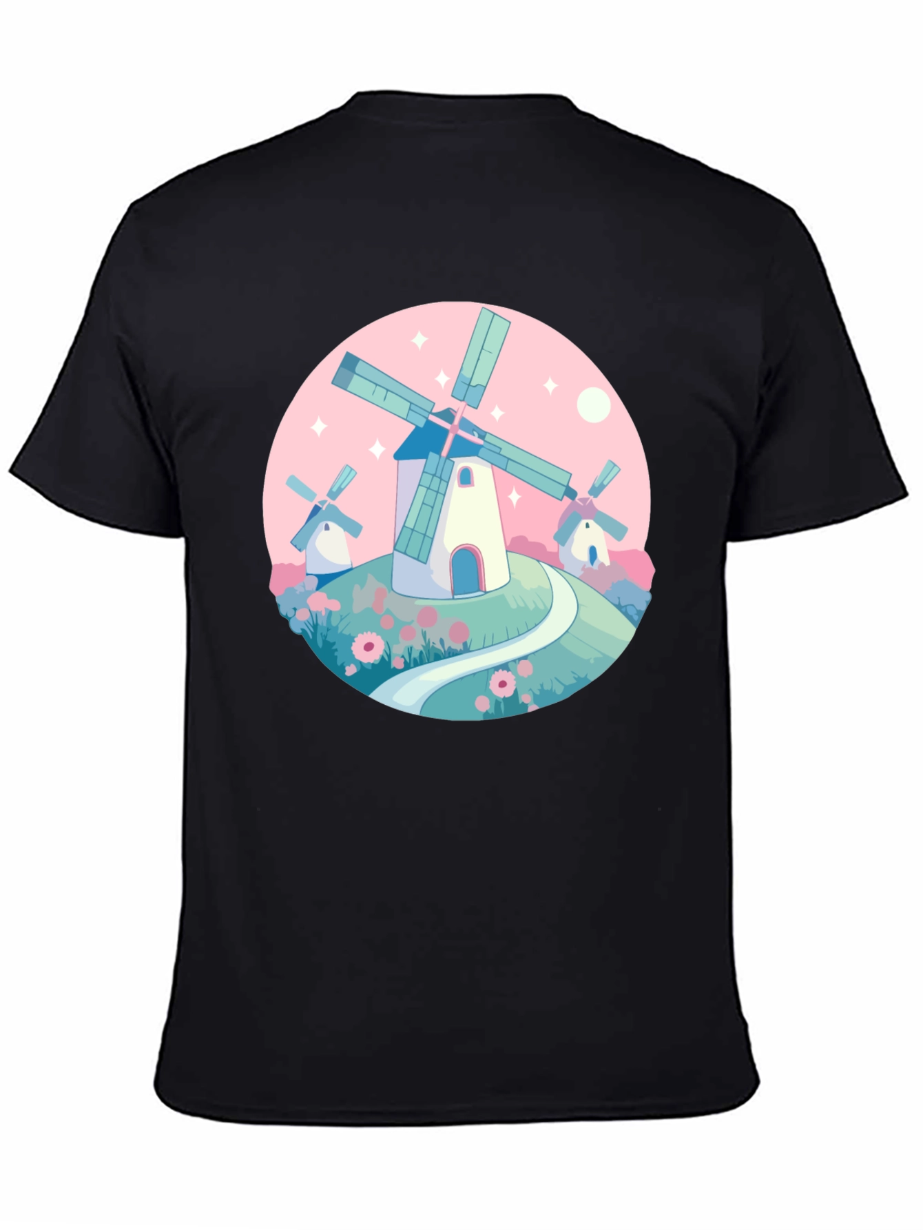 Whimsical Windmill Graphic Tee - Black