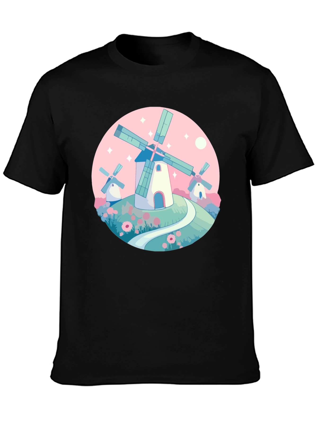 Whimsical Windmill Graphic Tee - Black