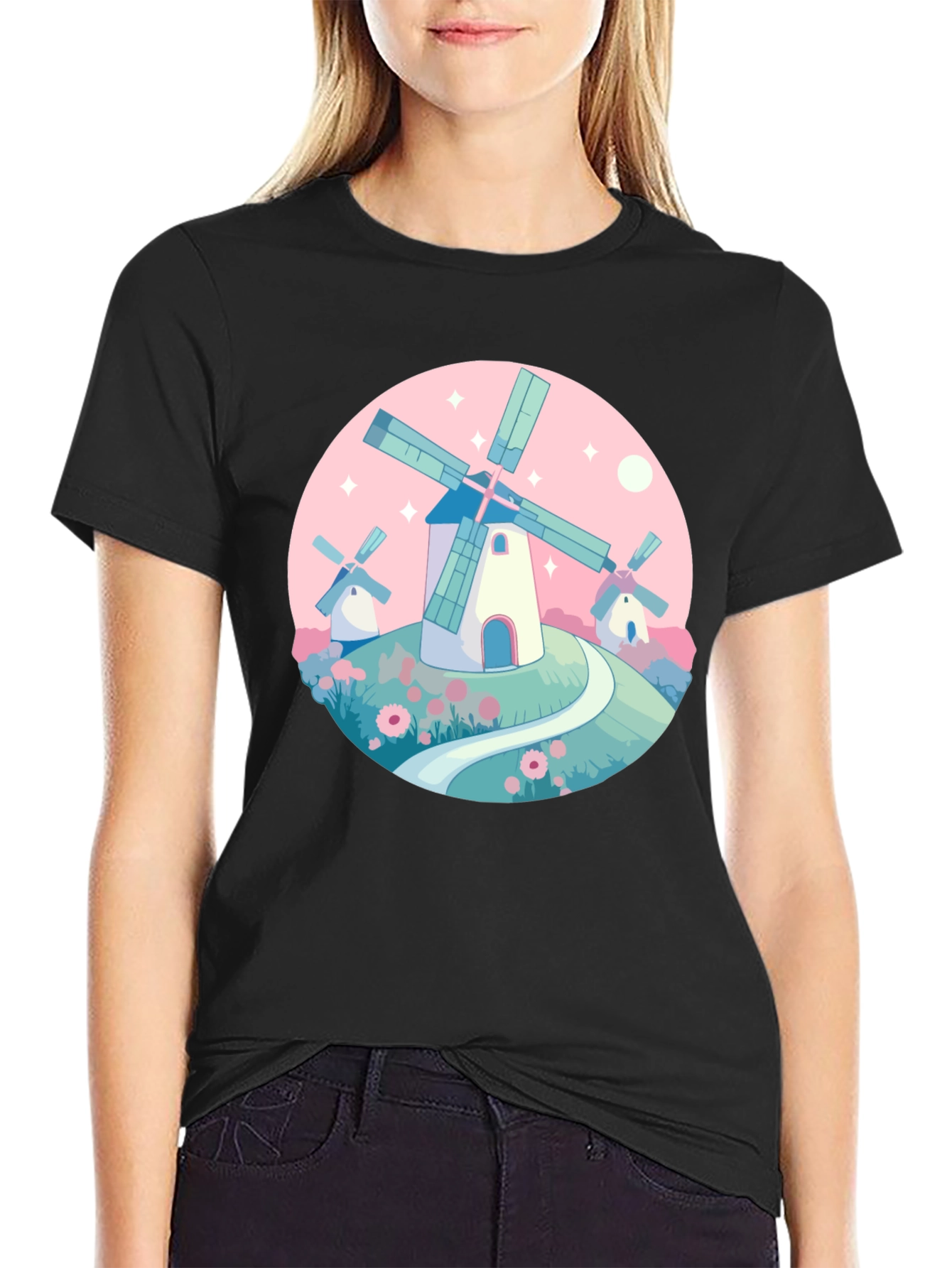 Whimsical Windmill Graphic Tee - Black
